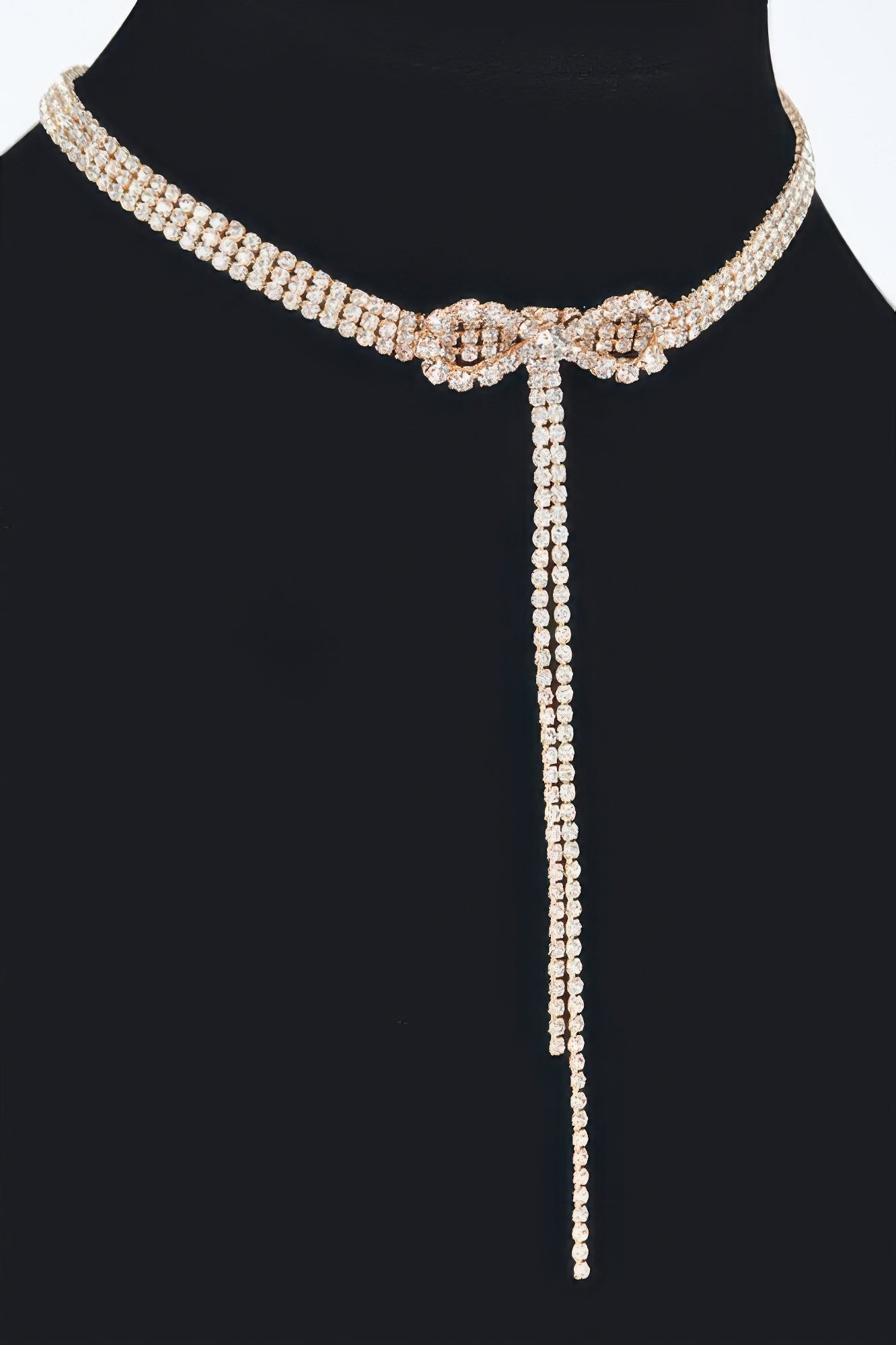 Golden Heir Elowen rhinestone bow choker with clear, precision-cut rhinestones, 10.5-inch statement jewelry piece.