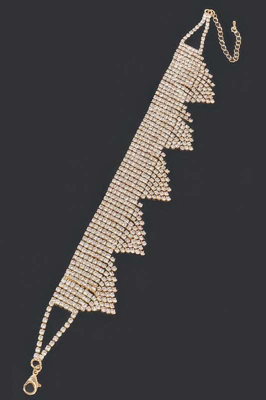 Golden Heir Astraea rhinestone drop choker featuring sparkling rhinestones on a sleek silver band.
