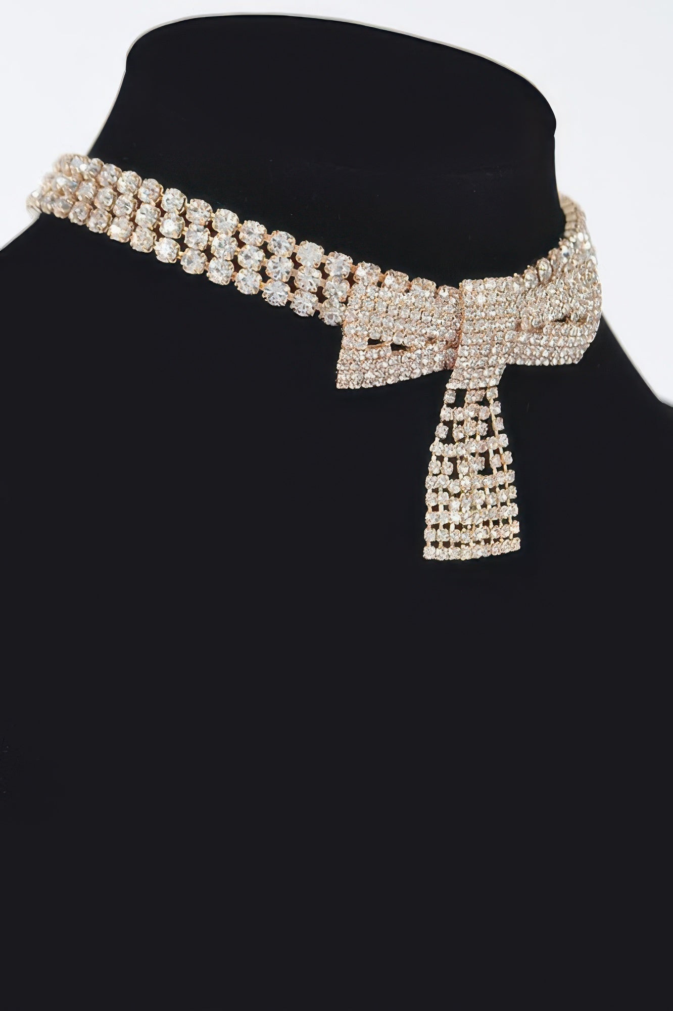 Golden Heir Selene rhinestone ribbon choker with sparkling rhinestones and sterling silver band, stylish and elegant jewelry accessory.