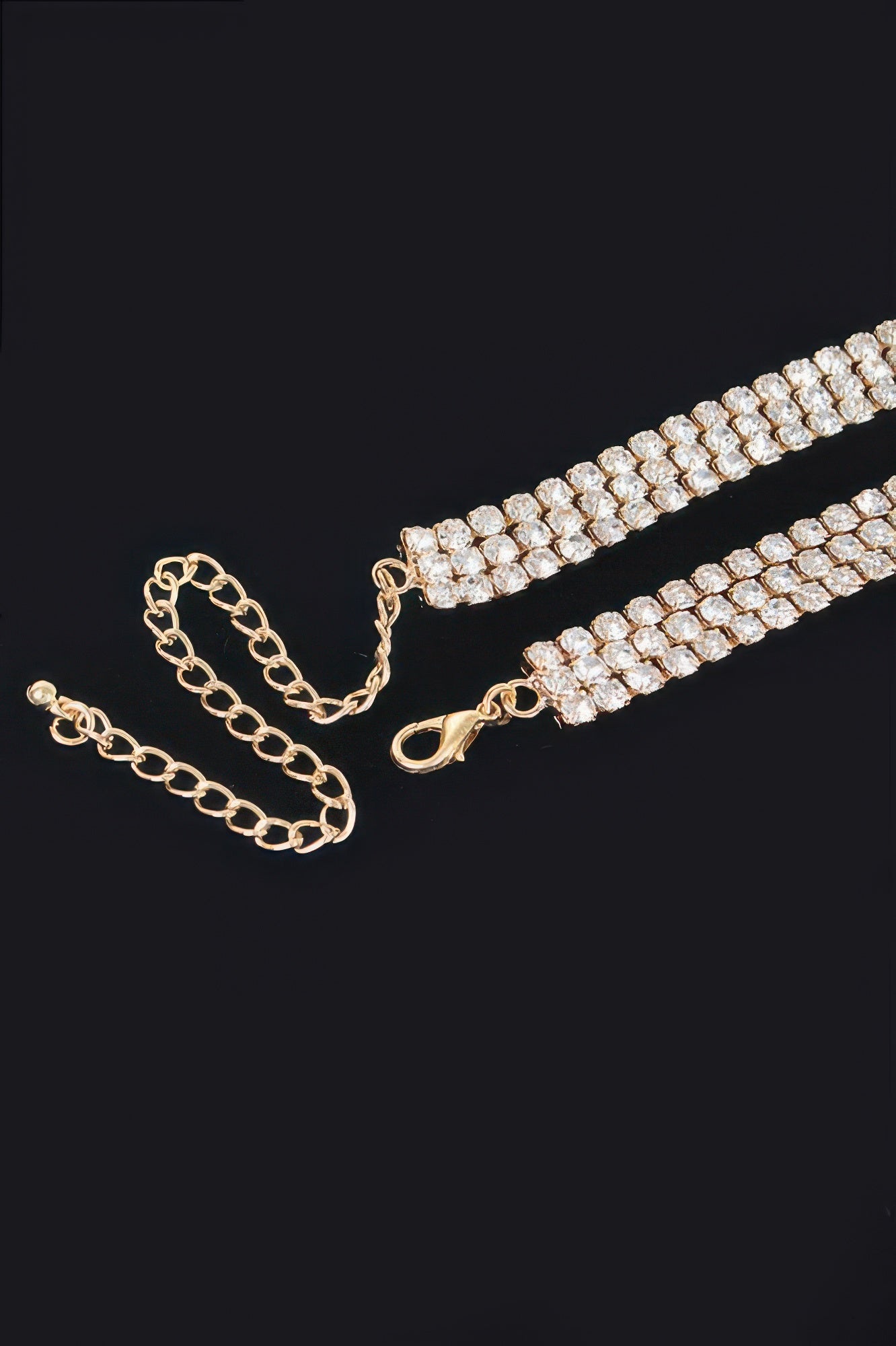 Golden Heir Selene rhinestone ribbon choker with sparkling rhinestones on a sterling silver band, stylish jewelry accessory.