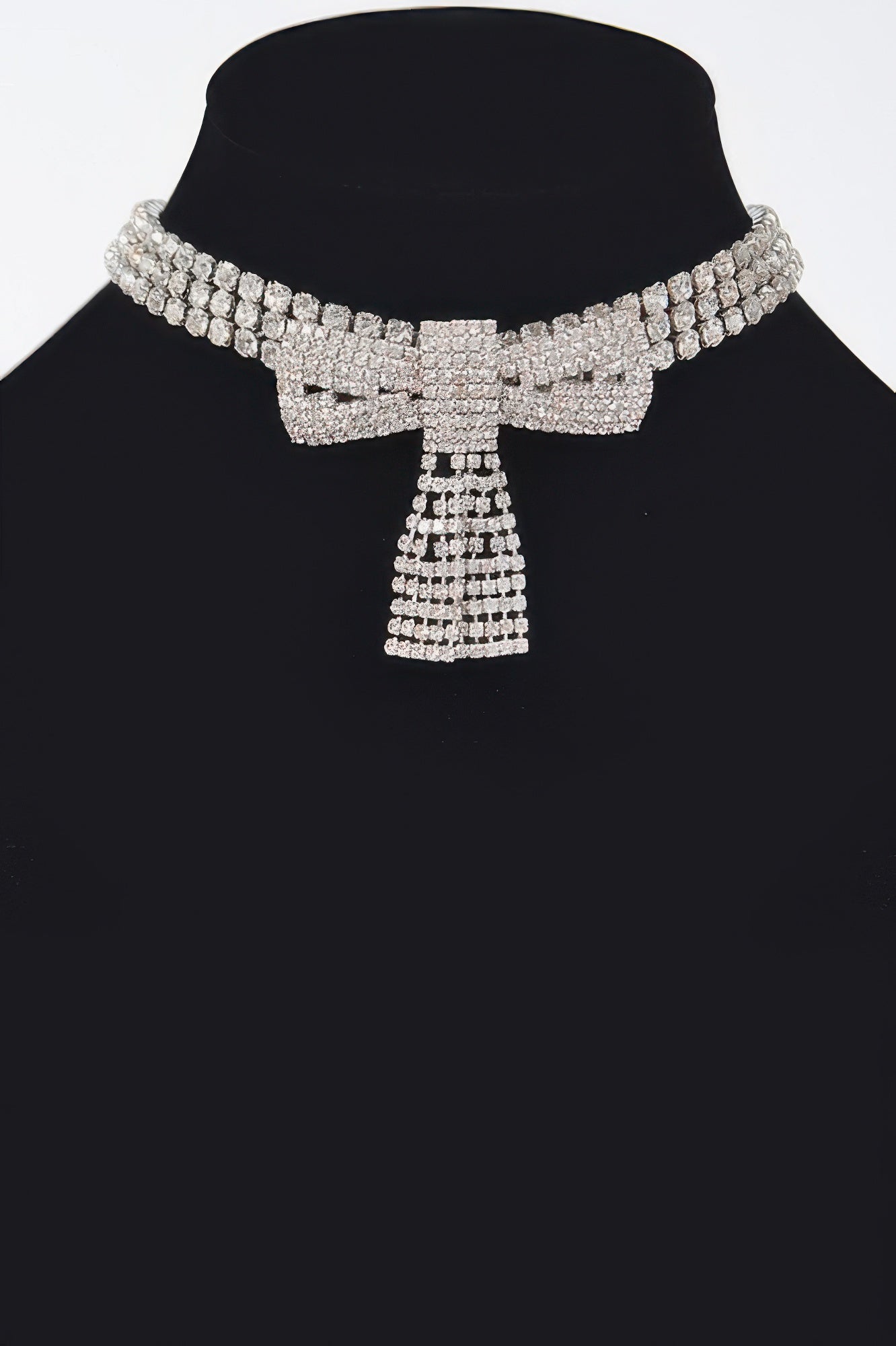 Golden Heir Selene rhinestone ribbon choker with sparkling rhinestones and sterling silver details, stylish and elegant jewelry accessory.