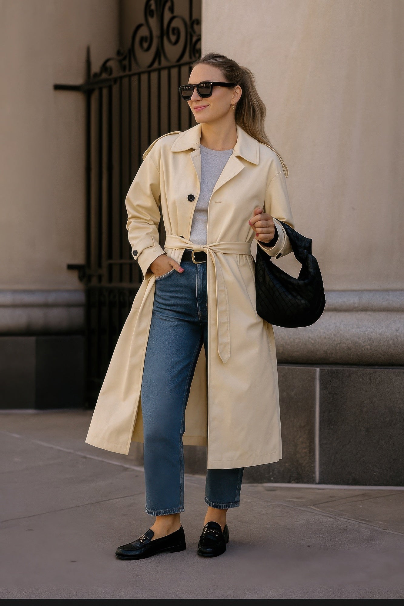 Beige Golden Heir Sovereign Trench Coat displayed on a hanger, showcasing classic design and high-quality fabric.