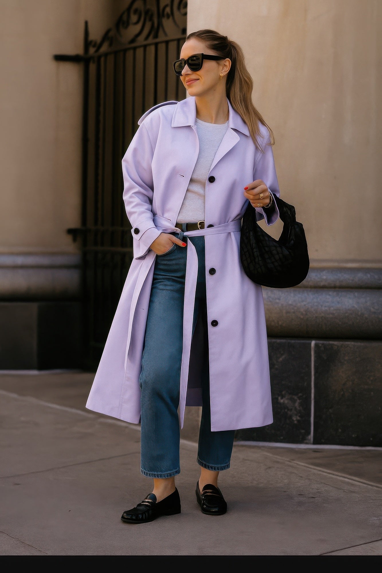 Golden Heir The Sovereign trench coat in lilac, stylish long clothing with a tailored fit and classic design.
