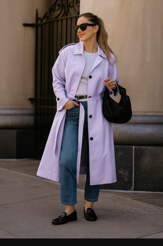 Golden Heir The Sovereign trench coat in lilac, stylish long clothing with a tailored fit and classic design.