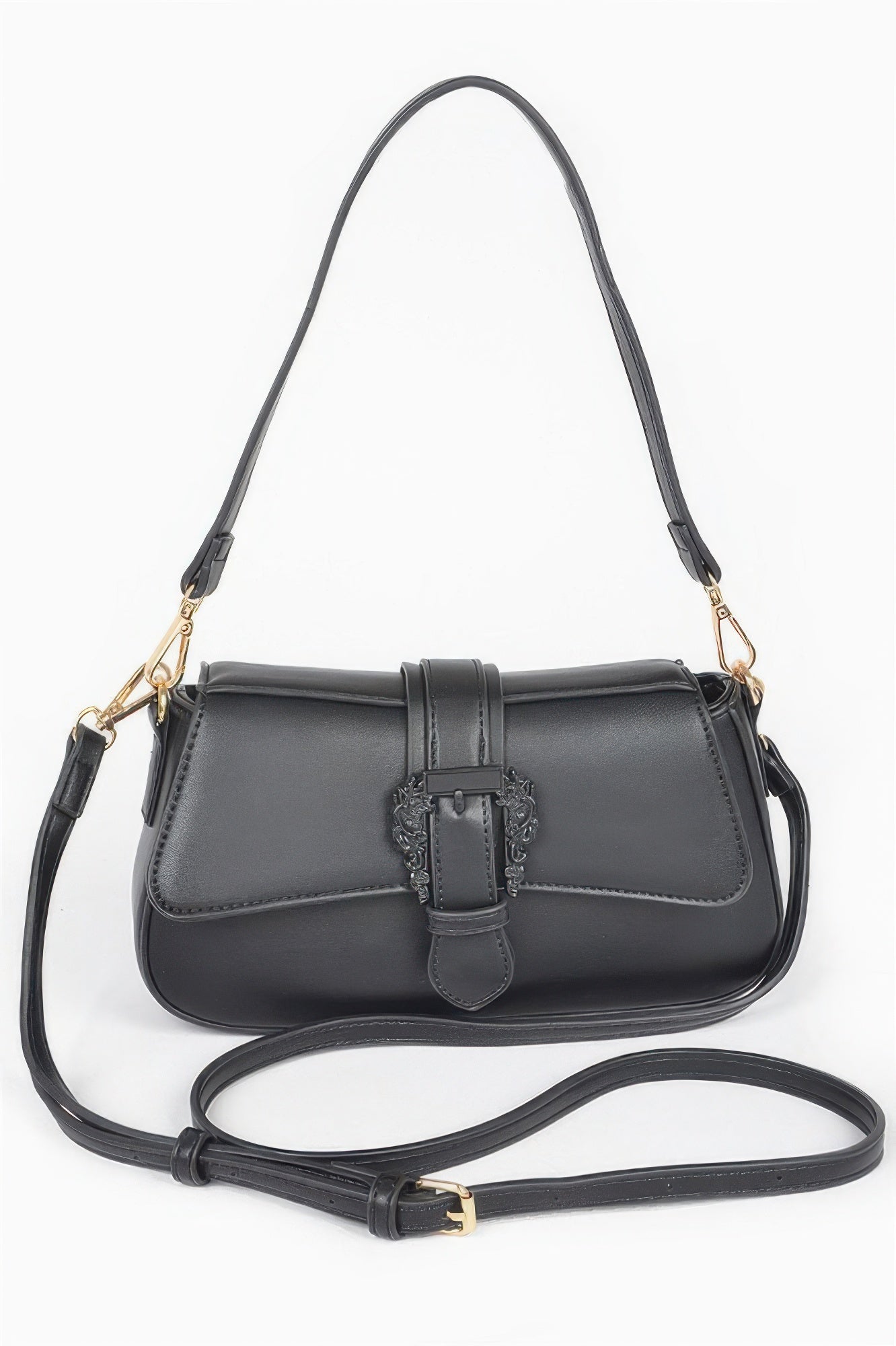 Golden Heir vegan shoulder bag with black and gold metal buckle, stylish and spacious for everyday use.