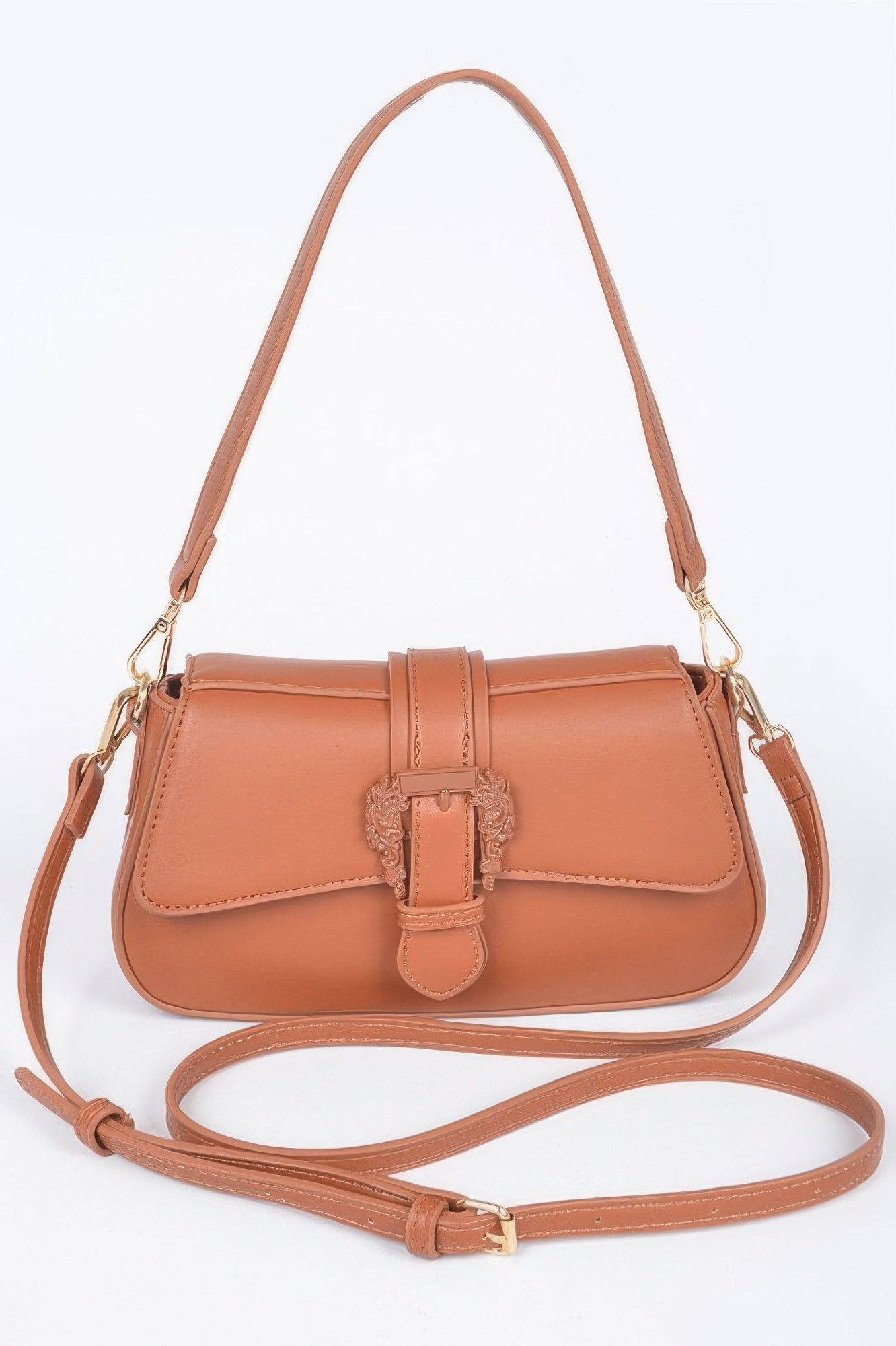 Golden Heir vegan metal buckle shoulder bag in black with gold accents, featuring a sleek design and adjustable strap.