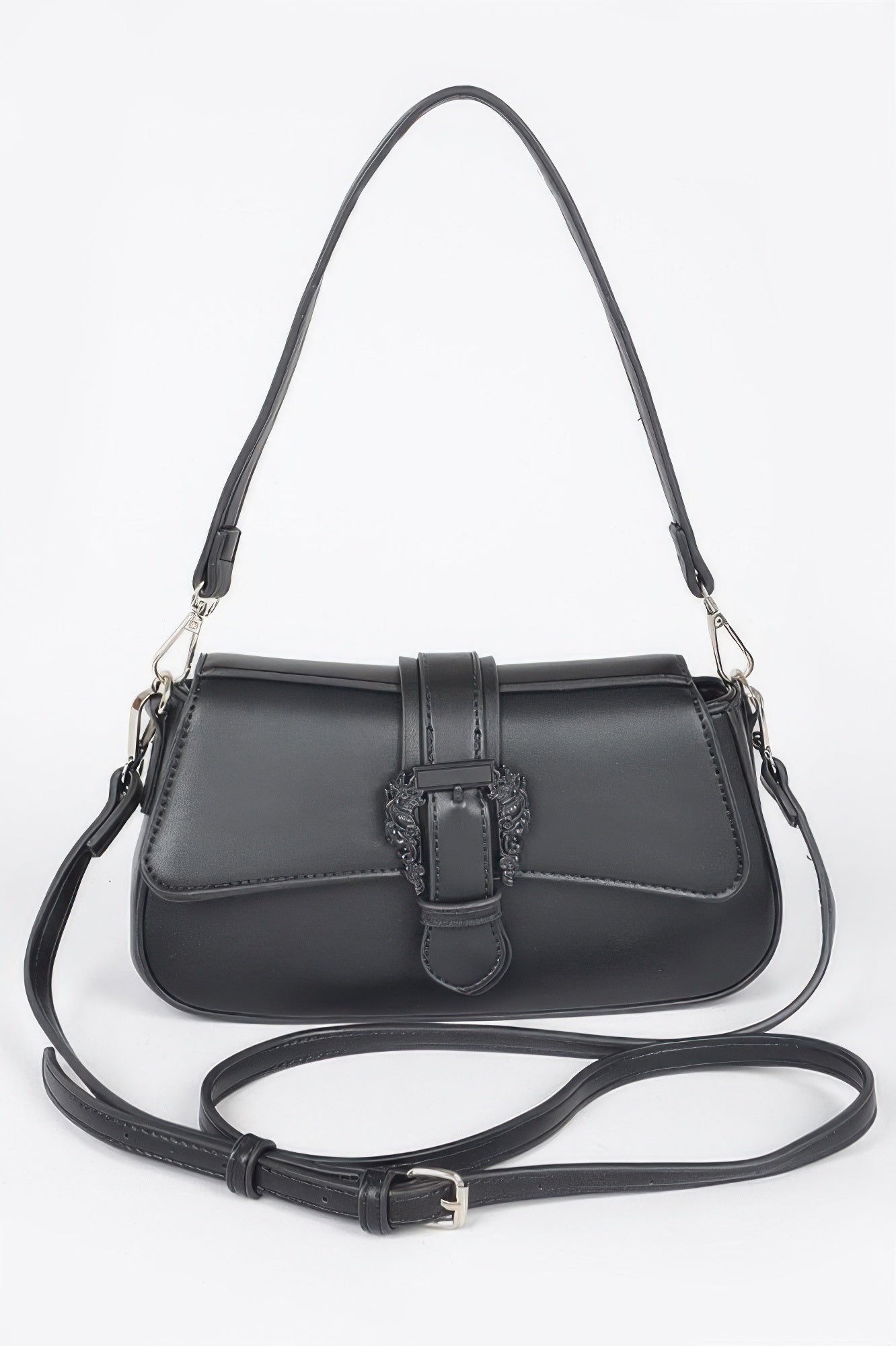 Black vegan leather shoulder bag by Golden Heir with gold metal buckle and stylish design.