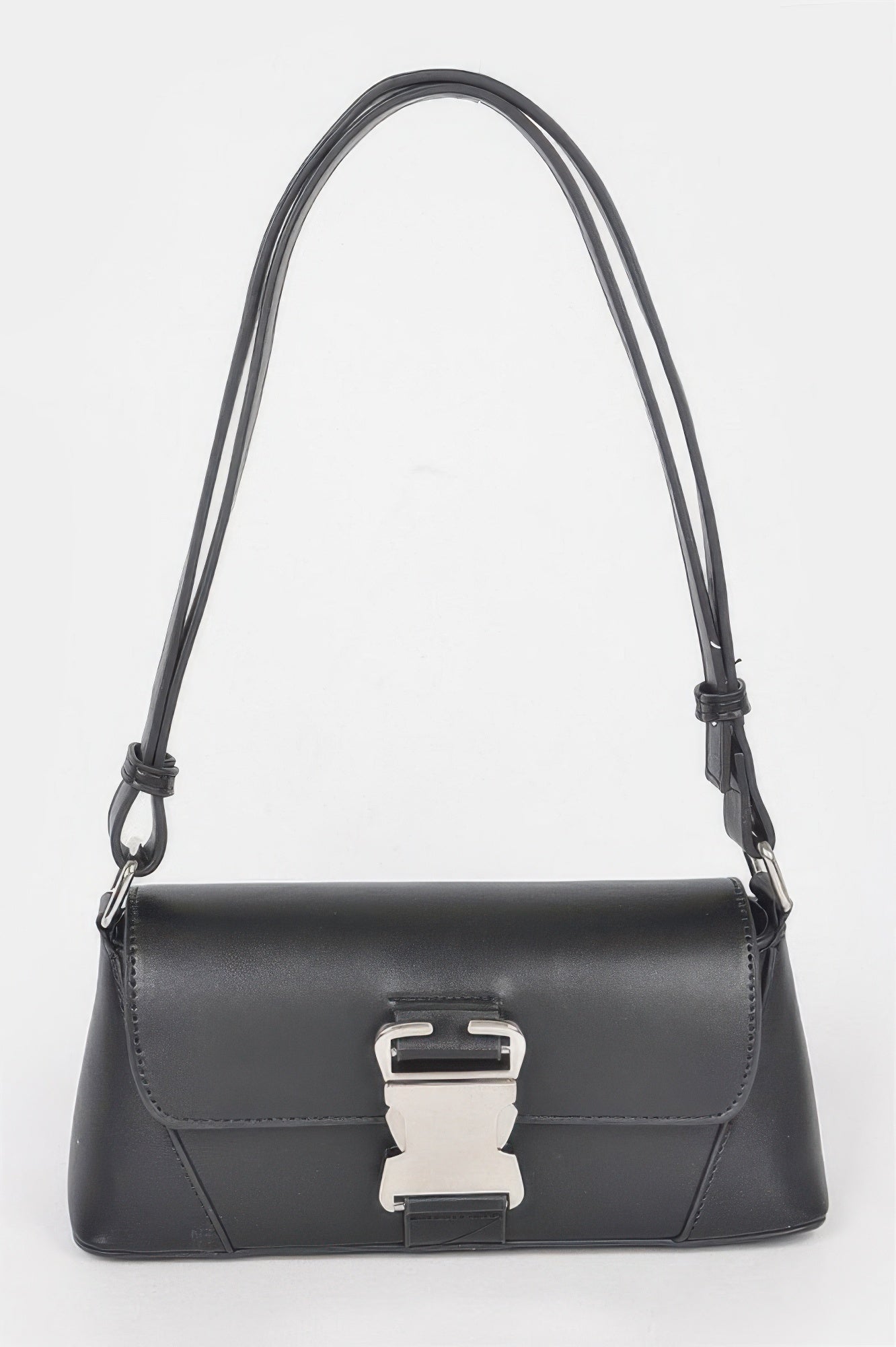 Golden Heir faux leather shoulder bag with a metal buckle, featuring a sleek black design and stylish adjustable strap.