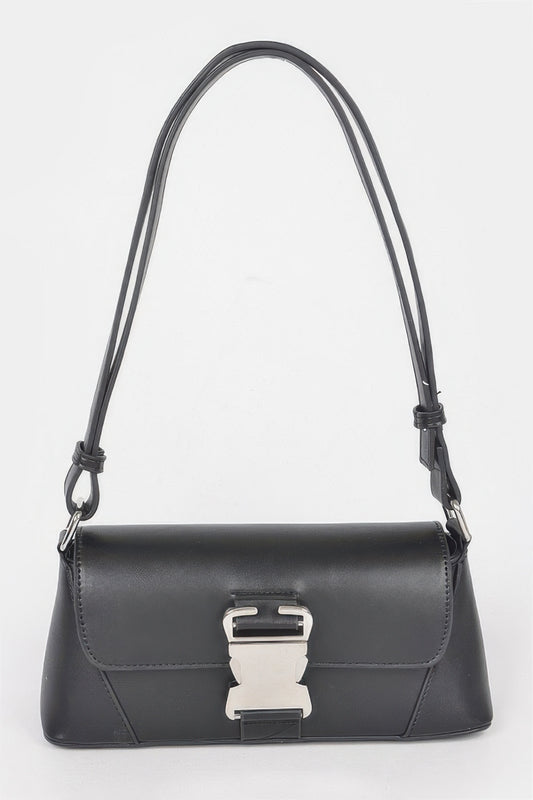 Golden Heir faux leather shoulder bag with a metal buckle, featuring a sleek black design and stylish adjustable strap.