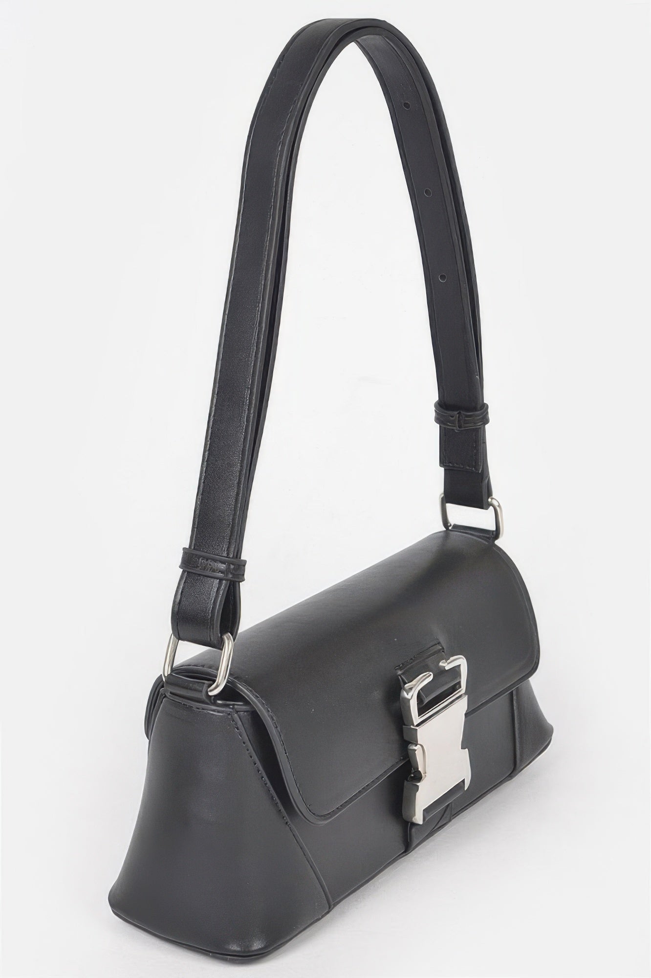 Golden Heir faux leather shoulder bag with gold-tone metal buckle and black finish, stylish and versatile for everyday use.