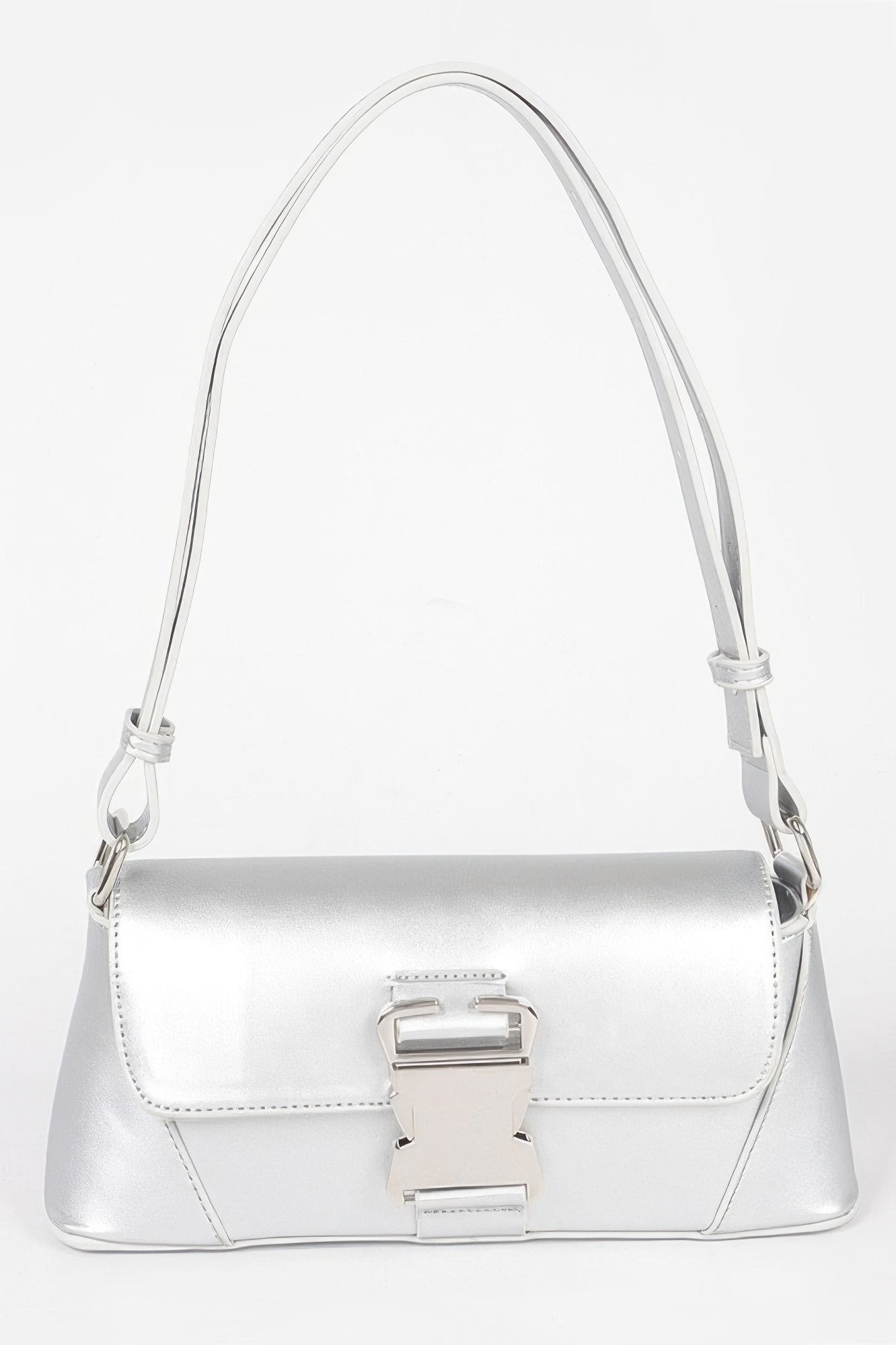 Golden Heir faux leather shoulder bag with a metal buckle, featuring a sleek black design and adjustable strap.