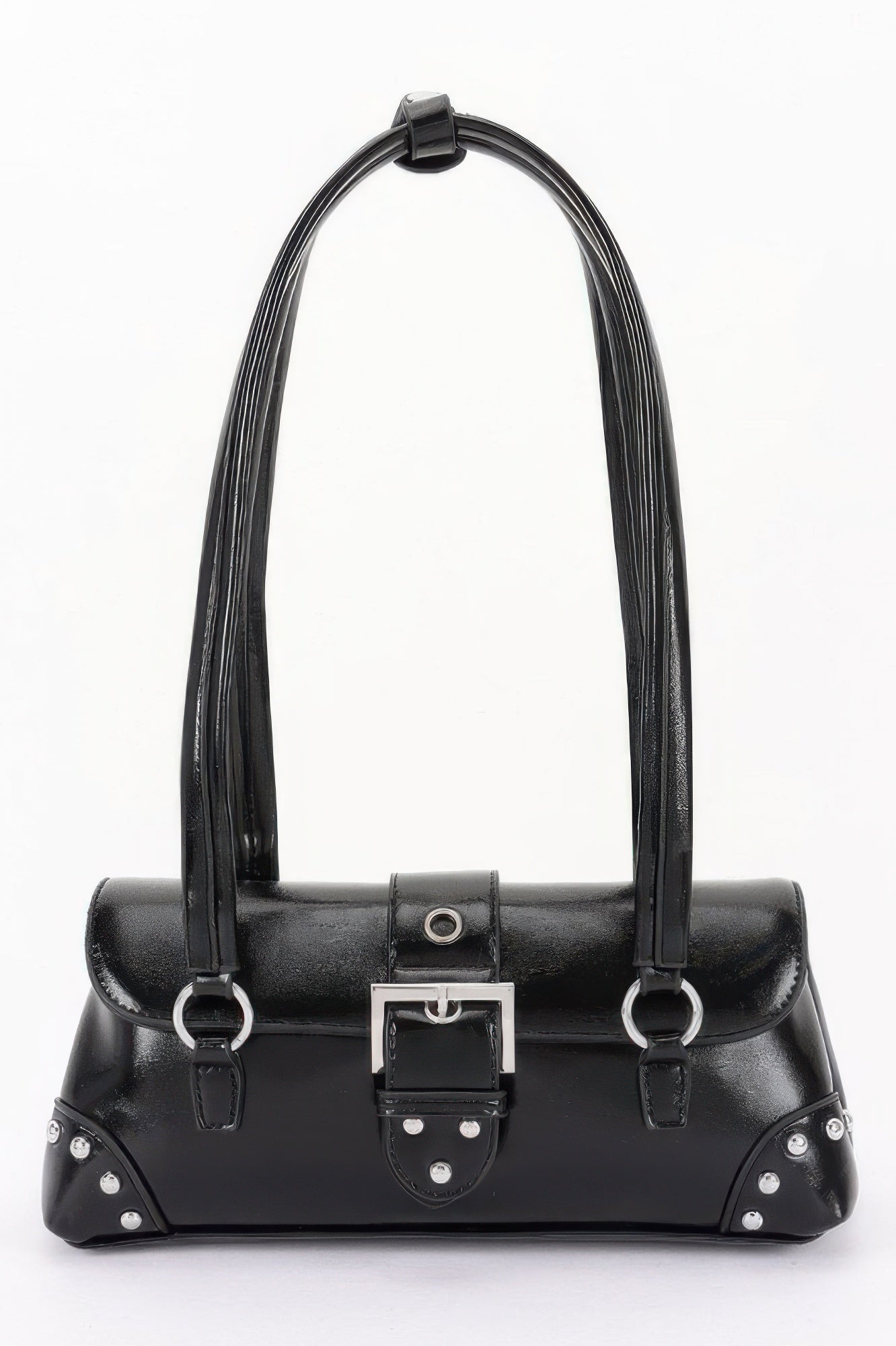Golden Heir vegan leather shoulder bag with metal studs in camel color, stylish and spacious for everyday use.