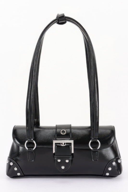 Golden Heir vegan leather shoulder bag with metal studs in camel color, stylish and spacious for everyday use.
