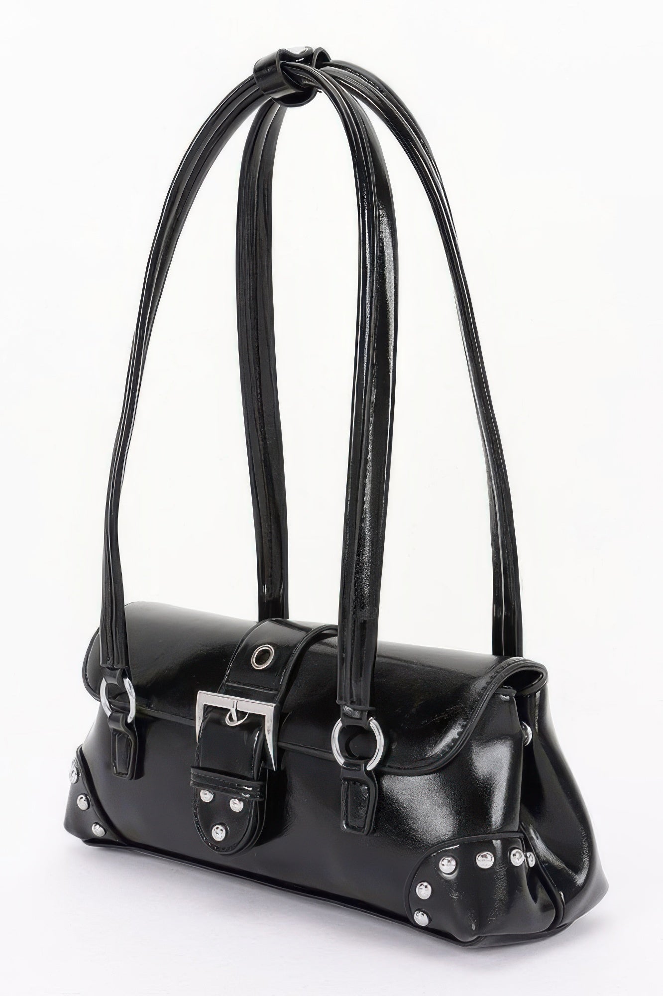 Golden Heir vegan leather shoulder bag with metal studs, featuring a camel color and stylish design.