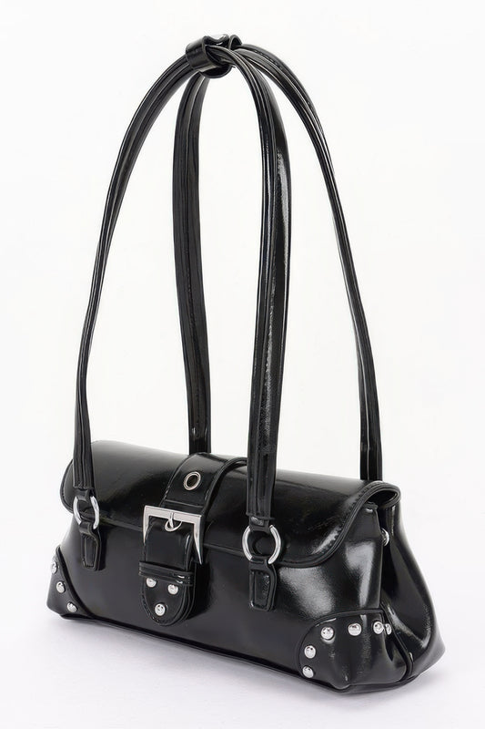 Golden Heir vegan leather shoulder bag with metal studs, featuring a camel color and stylish design.