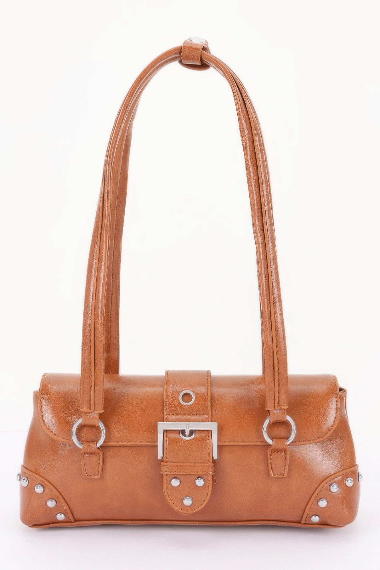 Golden Heir vegan leather shoulder bag with metal studs in camel color, stylish and spacious for everyday use.