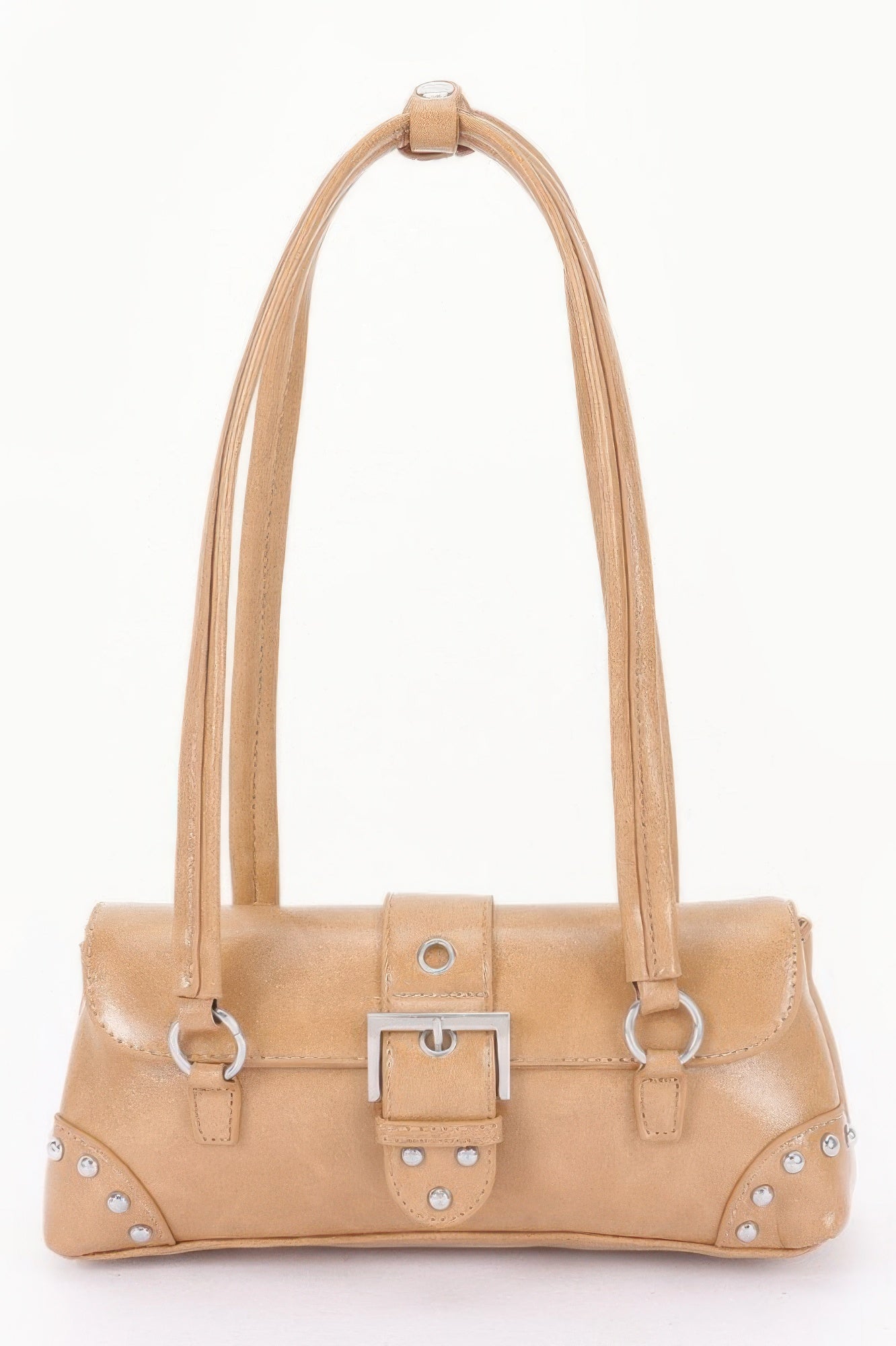 Golden Heir vegan leather shoulder bag with metal studs, camel color, stylish and spacious for daily use.