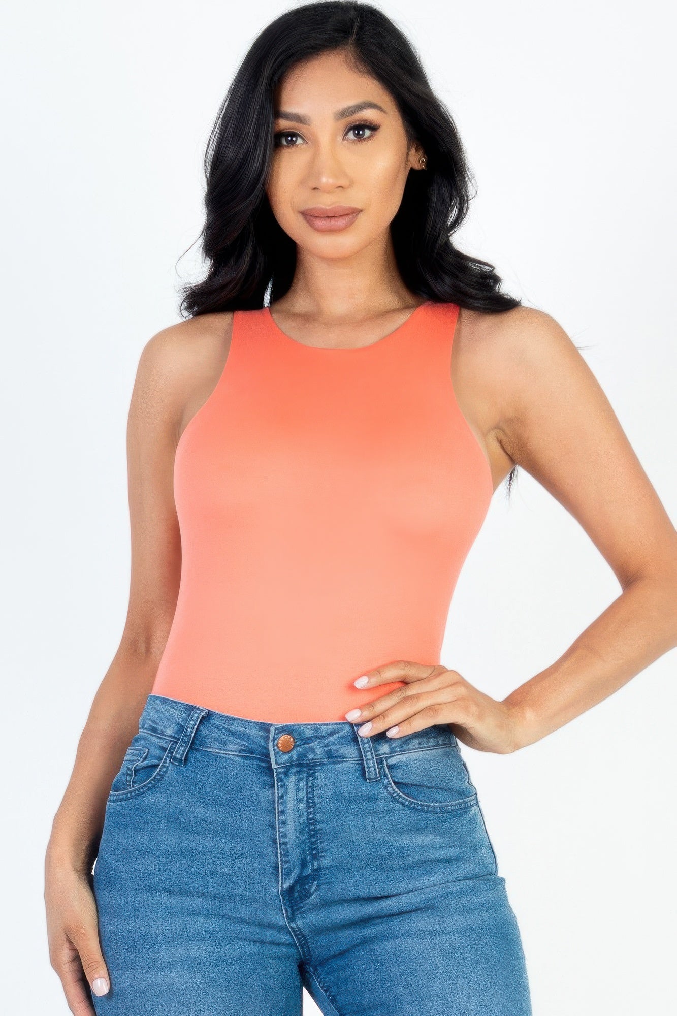 Black Golden Heir Essential Contour Tank Bodysuit displayed on a model, showcasing its sleek, fitted design and versatile style.