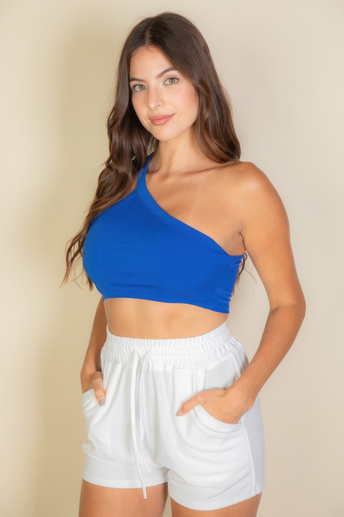Golden Heir one-shoulder ribbed cropped tank top in black, stylish and fitted for a trendy summer look.
