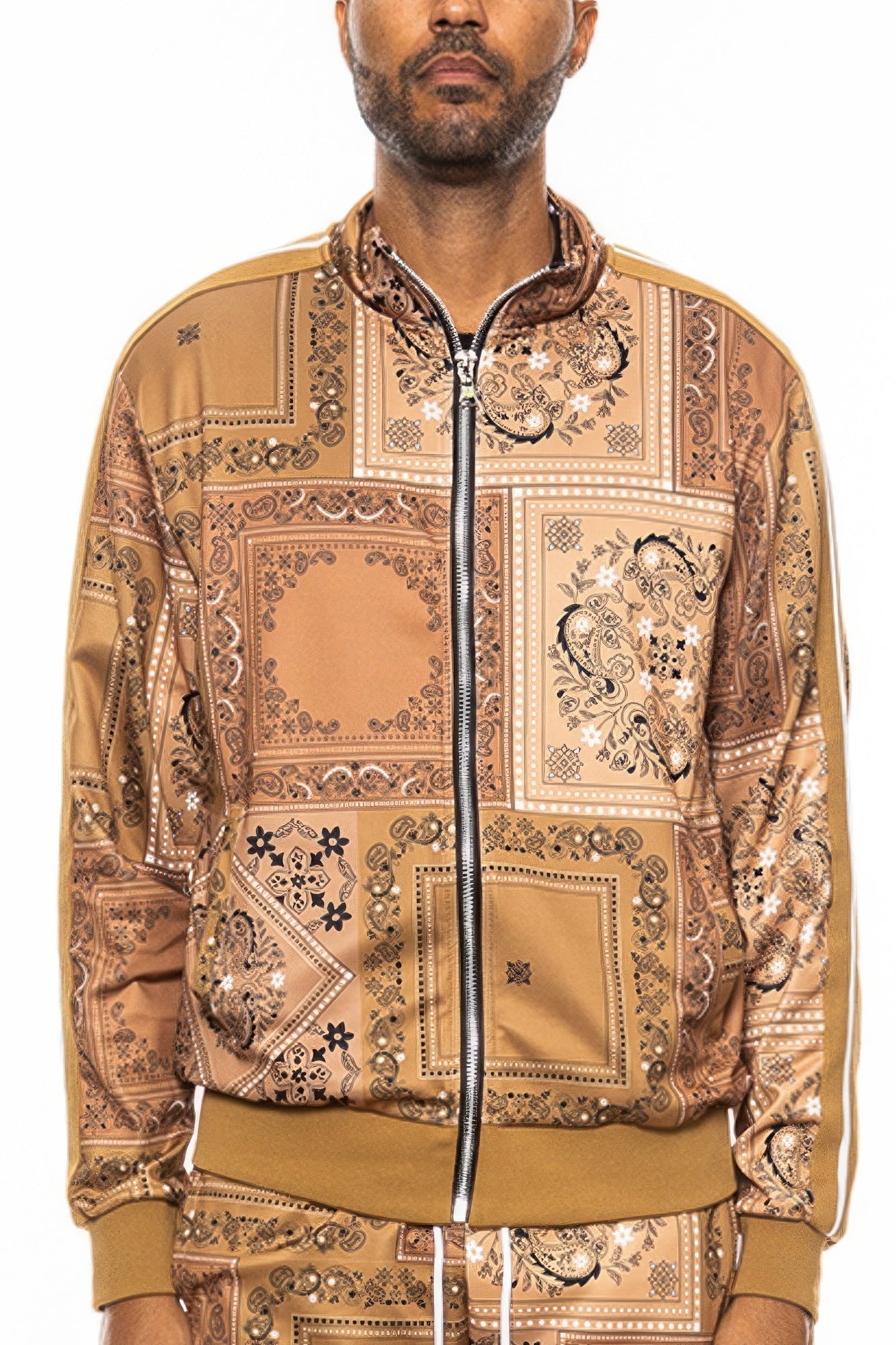 Golden Heir men's black paisley bandana track jacket with zip front and stylish design, ideal for casual athletic wear.