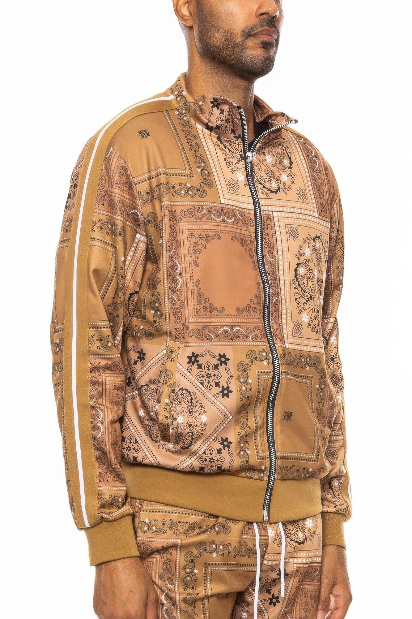 Golden Heir men's black paisley bandana track jacket with stylish design and comfortable fit, perfect for casual wear.