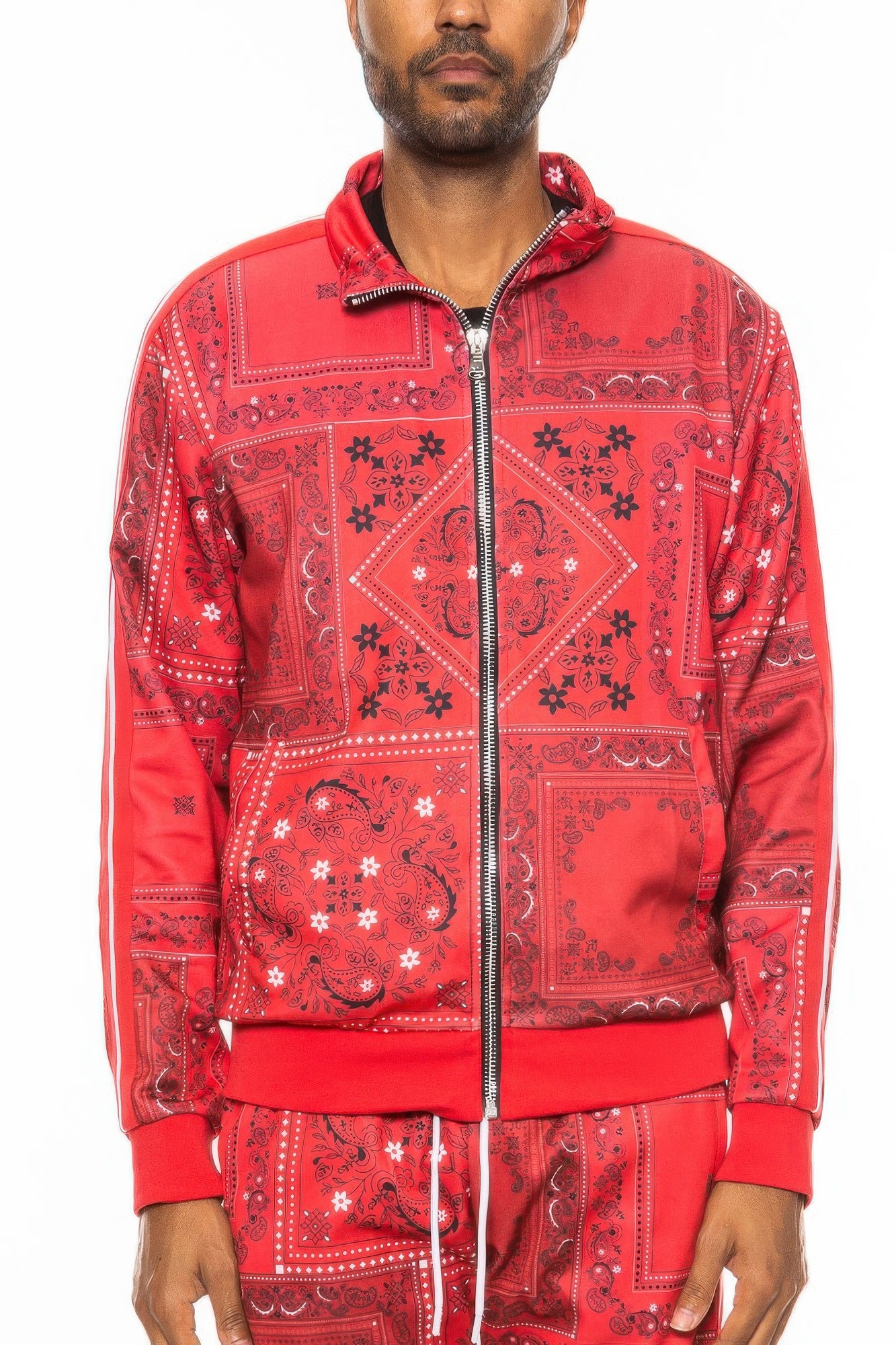 Golden Heir men's black paisley bandana track jacket with stylish design and lightweight fabric, perfect for casual wear.