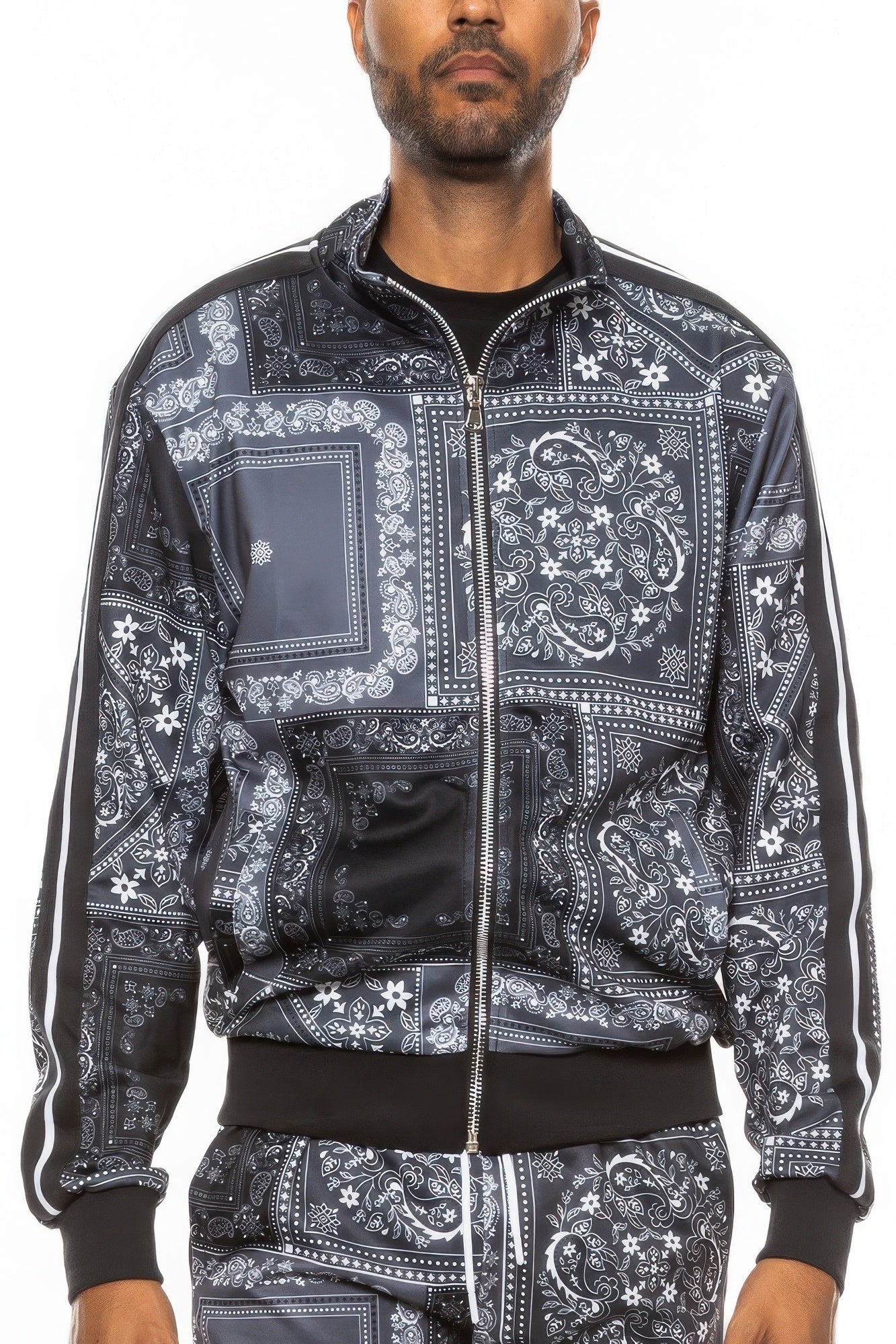 Golden Heir men's black paisley bandana track jacket with stylish design and comfortable fit, perfect for casual wear.