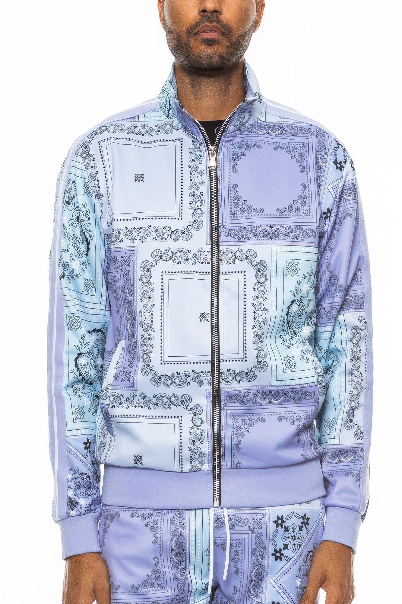 Golden Heir men's black paisley bandana track jacket with logo, stylish athletic wear, and comfortable fit.