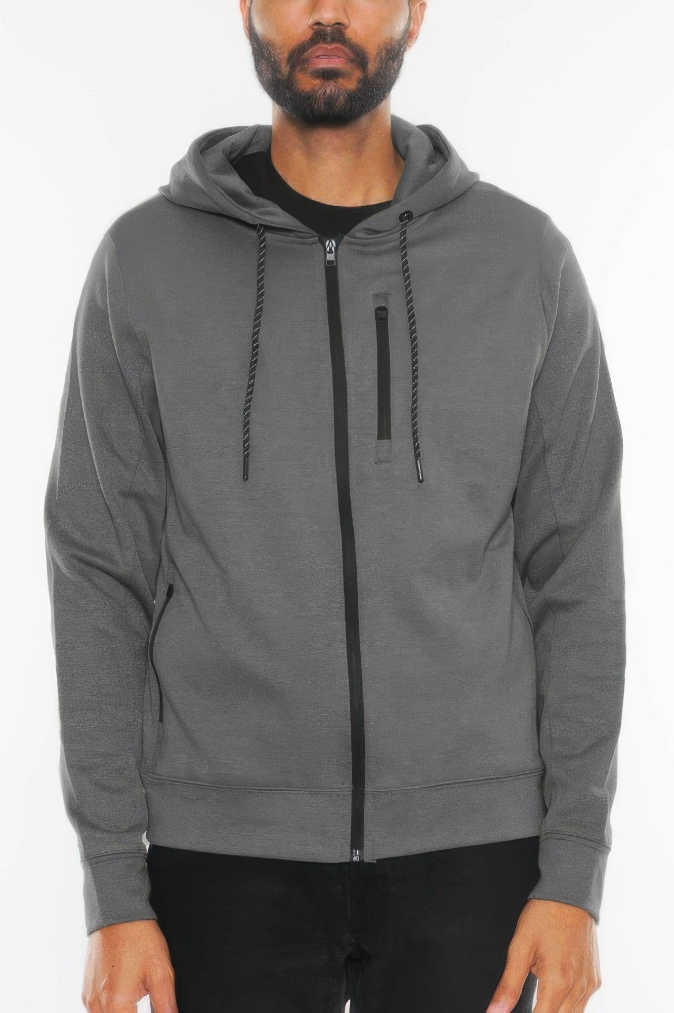 Golden Heir solid heathered black zip-up track jacket, lightweight athletic jacket with a full front zipper and ribbed cuffs.
