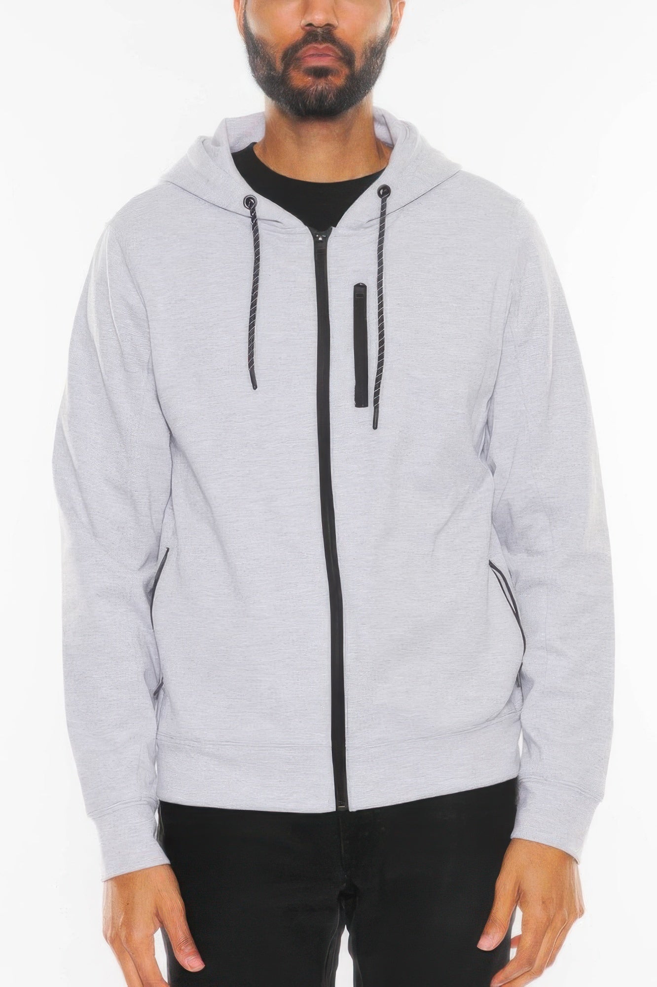 Golden Heir solid heathered black zip-up track jacket, casual athletic style with front zipper and ribbed cuffs.