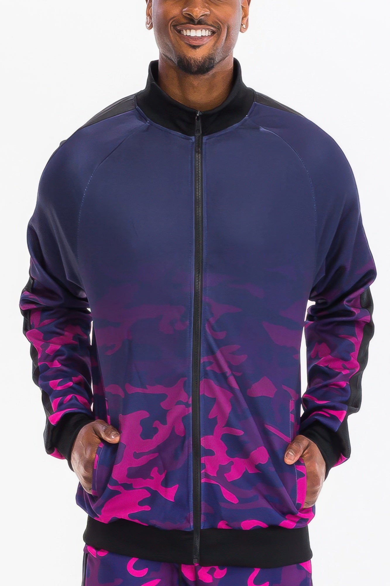 Golden Heir men's camo ombre track jacket in blue with a stylish design, shown on a model.