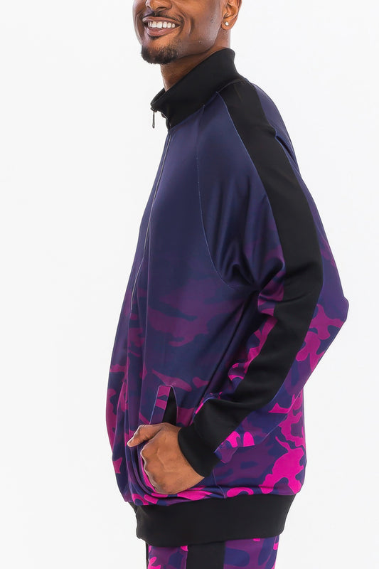 Golden Heir men's camo ombre track jacket in blue, featuring a stylish design with a full front zipper and sporty fit.