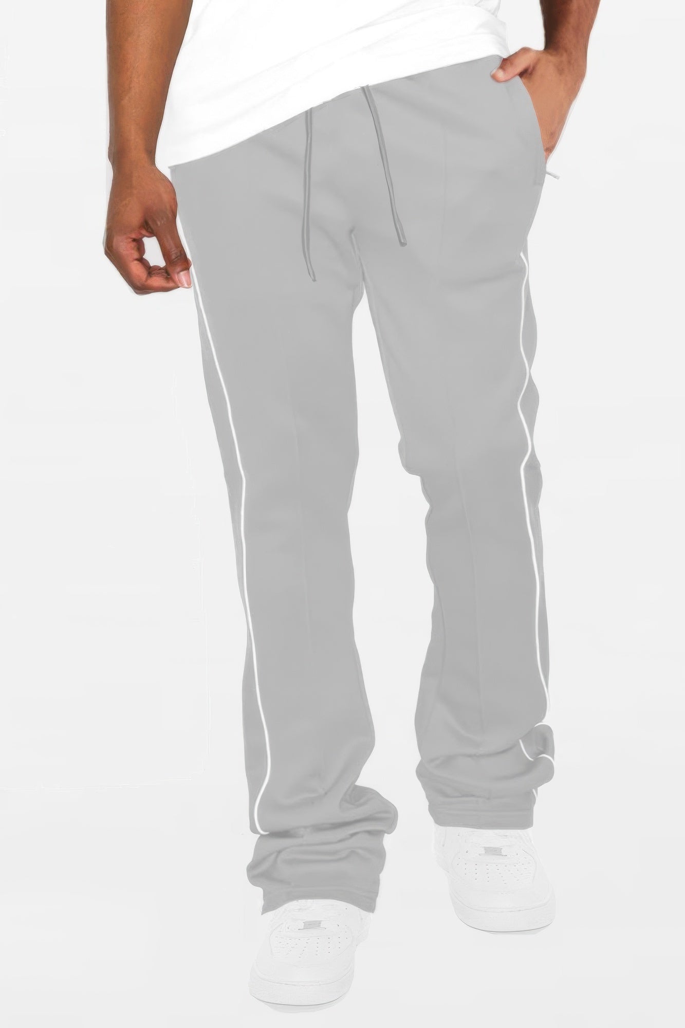 Black Golden Heir men's side pipe stacked flare track pants with a relaxed fit and stylish flare leg design.
