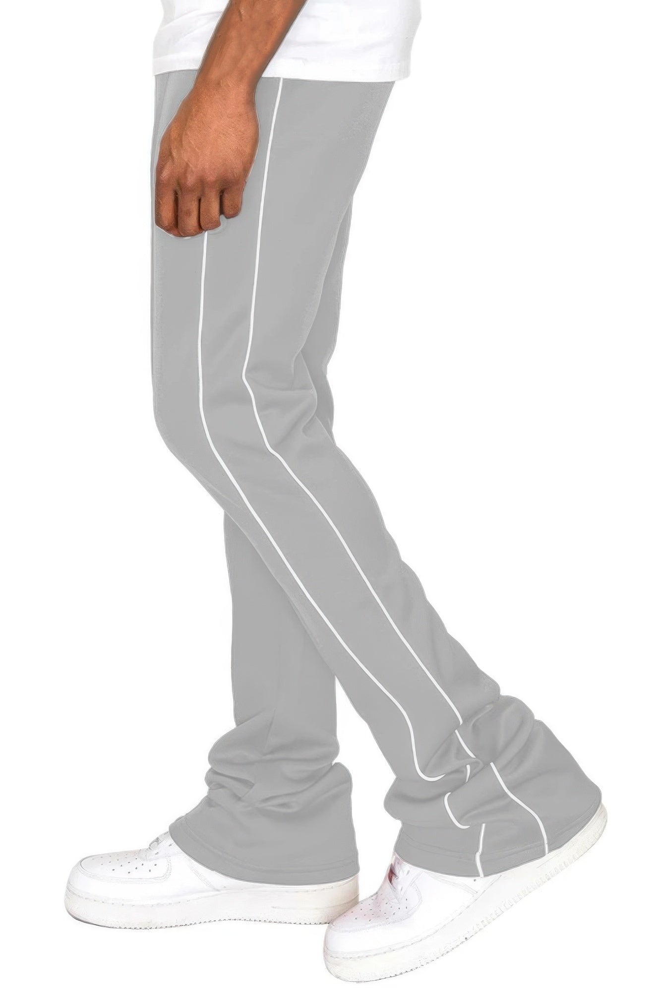 Black men's Golden Heir track pants with side pipe and stacked flare design, featuring a relaxed fit and stylish athletic look.