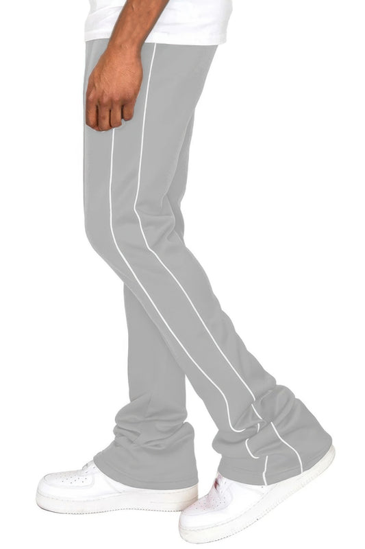 Black men's Golden Heir track pants with side pipe and stacked flare design, featuring a relaxed fit and stylish athletic look.