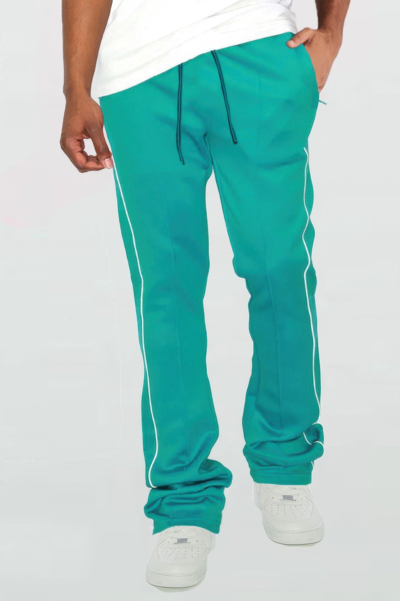 Golden Heir men's black side pipe stacked flare track pants with relaxed fit and stylish design.