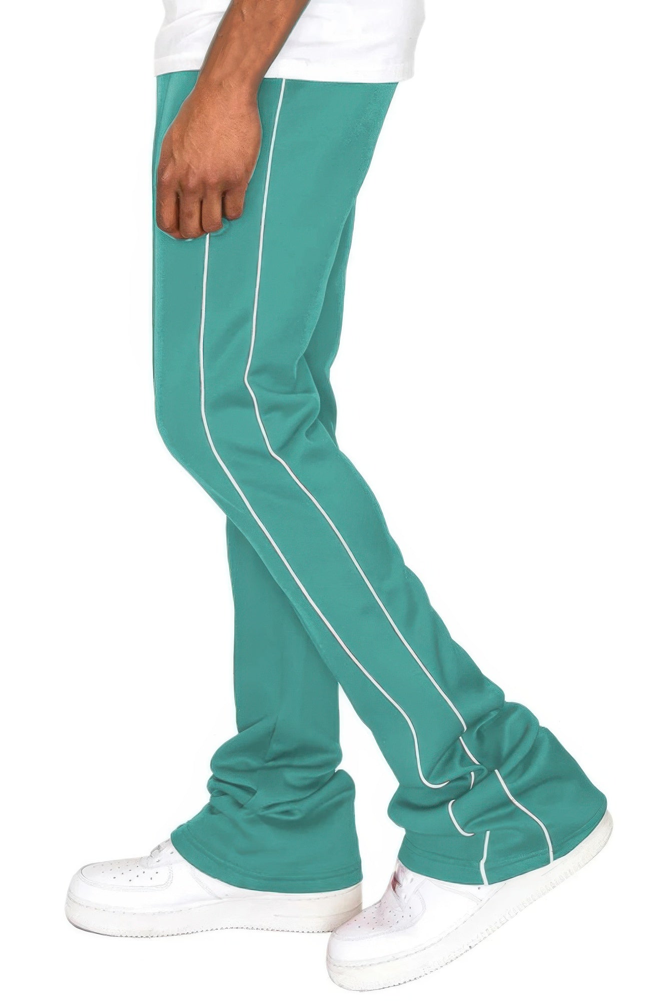 Golden Heir men's black track pants with side pipe stacked flare design, featuring a modern, stylish fit and tapered leg.