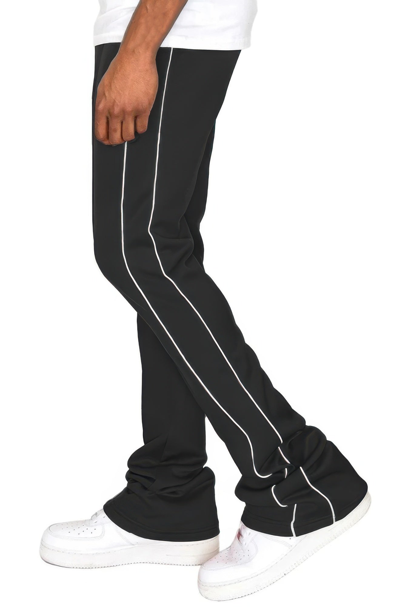 Golden Heir men's black track pants with side pipe and stacked flare design, casual athletic style with a modern fit.