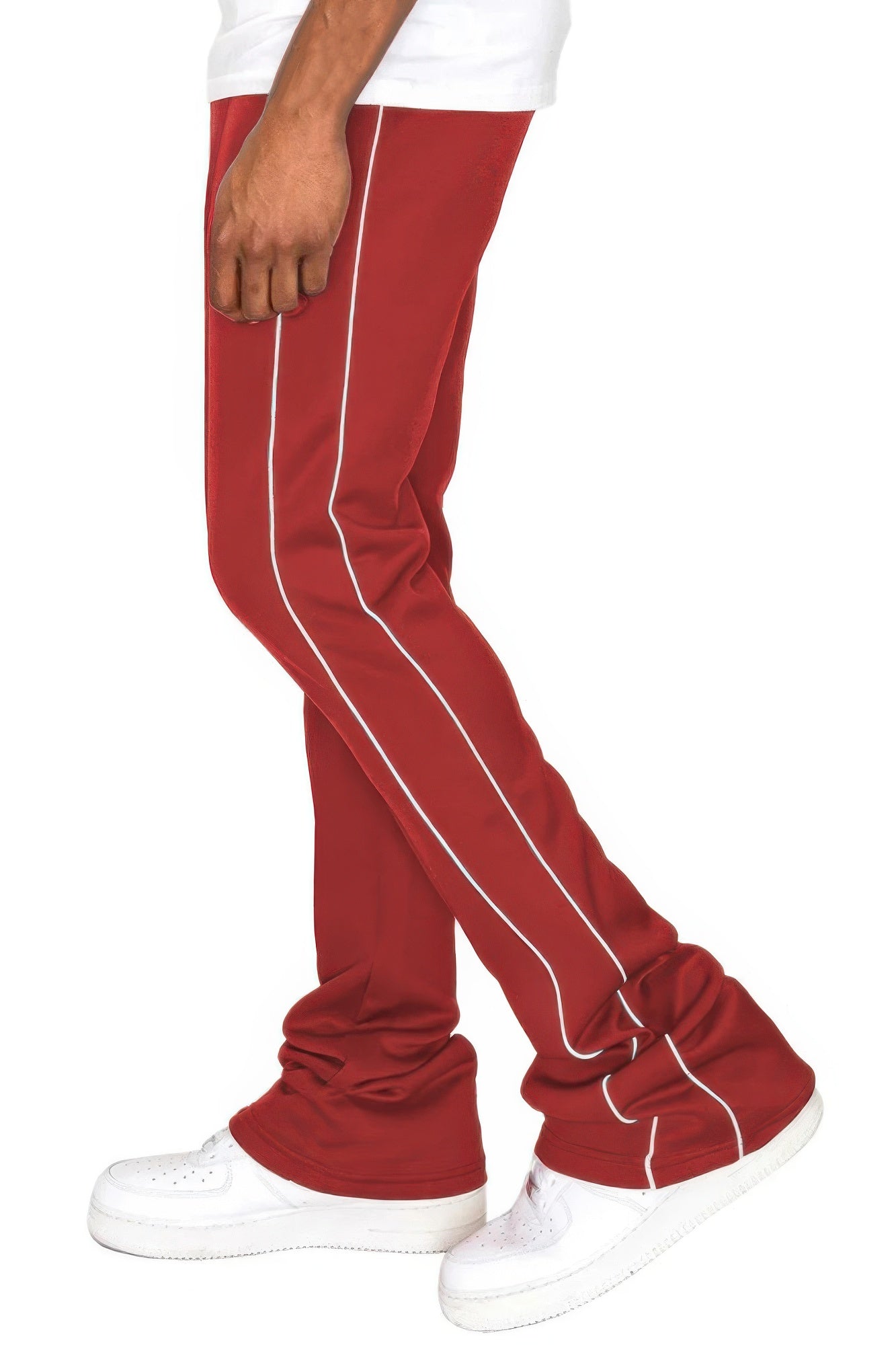 Black Golden Heir men's side pipe stacked flare track pants with a relaxed fit and stylish design.