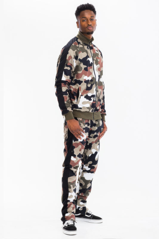 Golden Heir camo stripe track pants from the track set, black camouflage design with golden stripe details.