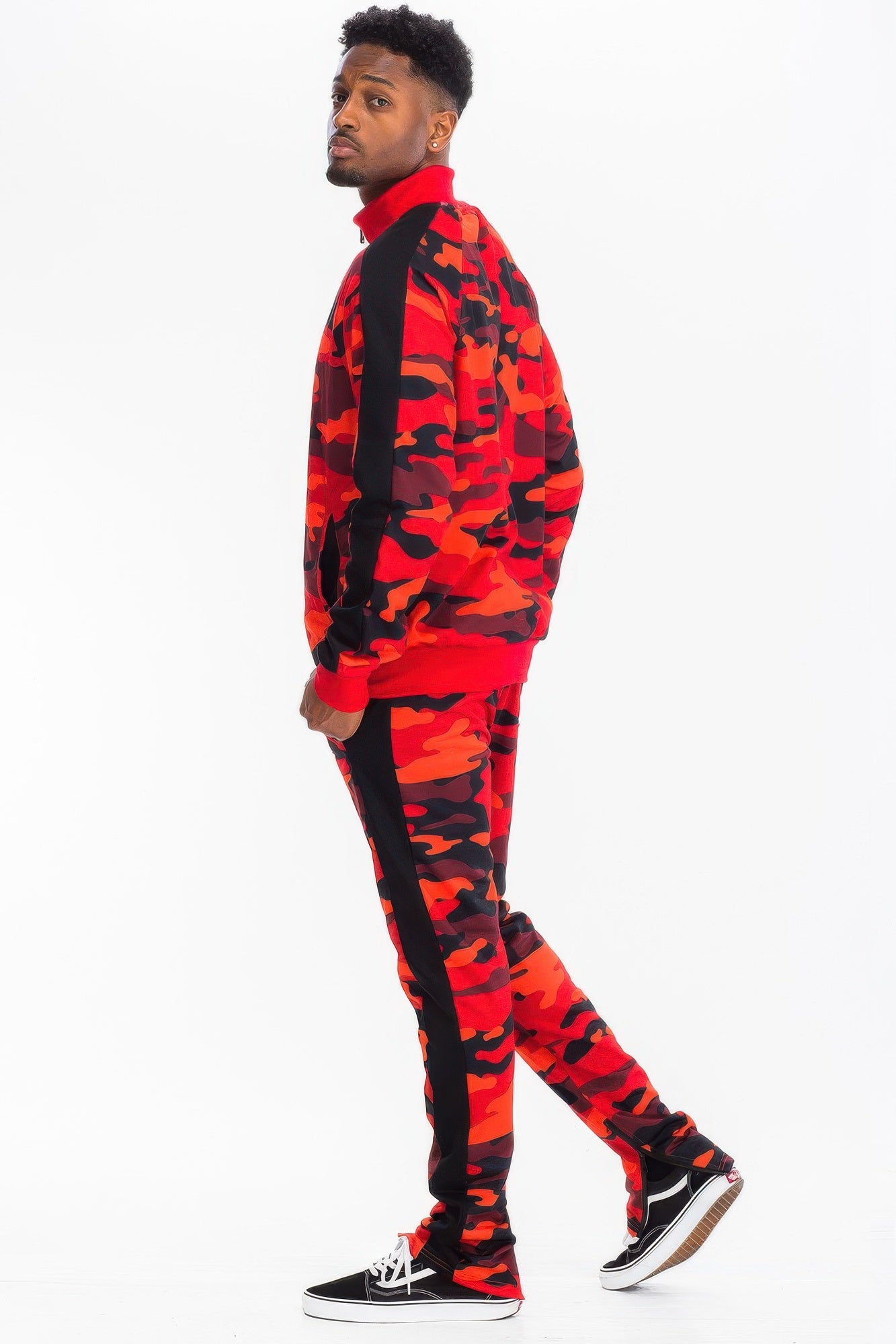 Golden Heir camo stripe track pants from the Golden Heir track set, featuring black camouflage pattern and athletic fit.