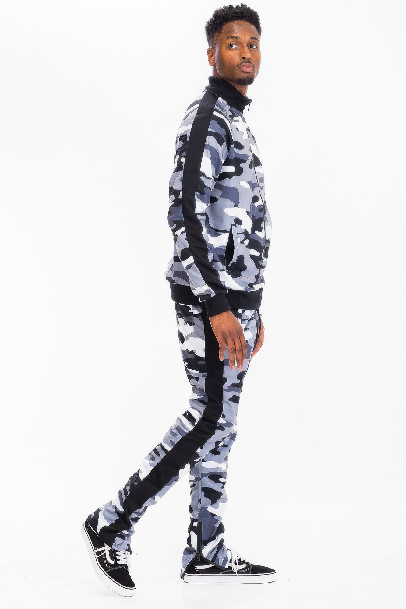 Golden Heir camo stripe track pants from the Golden Heir track set, featuring black camouflage design and comfortable fit.
