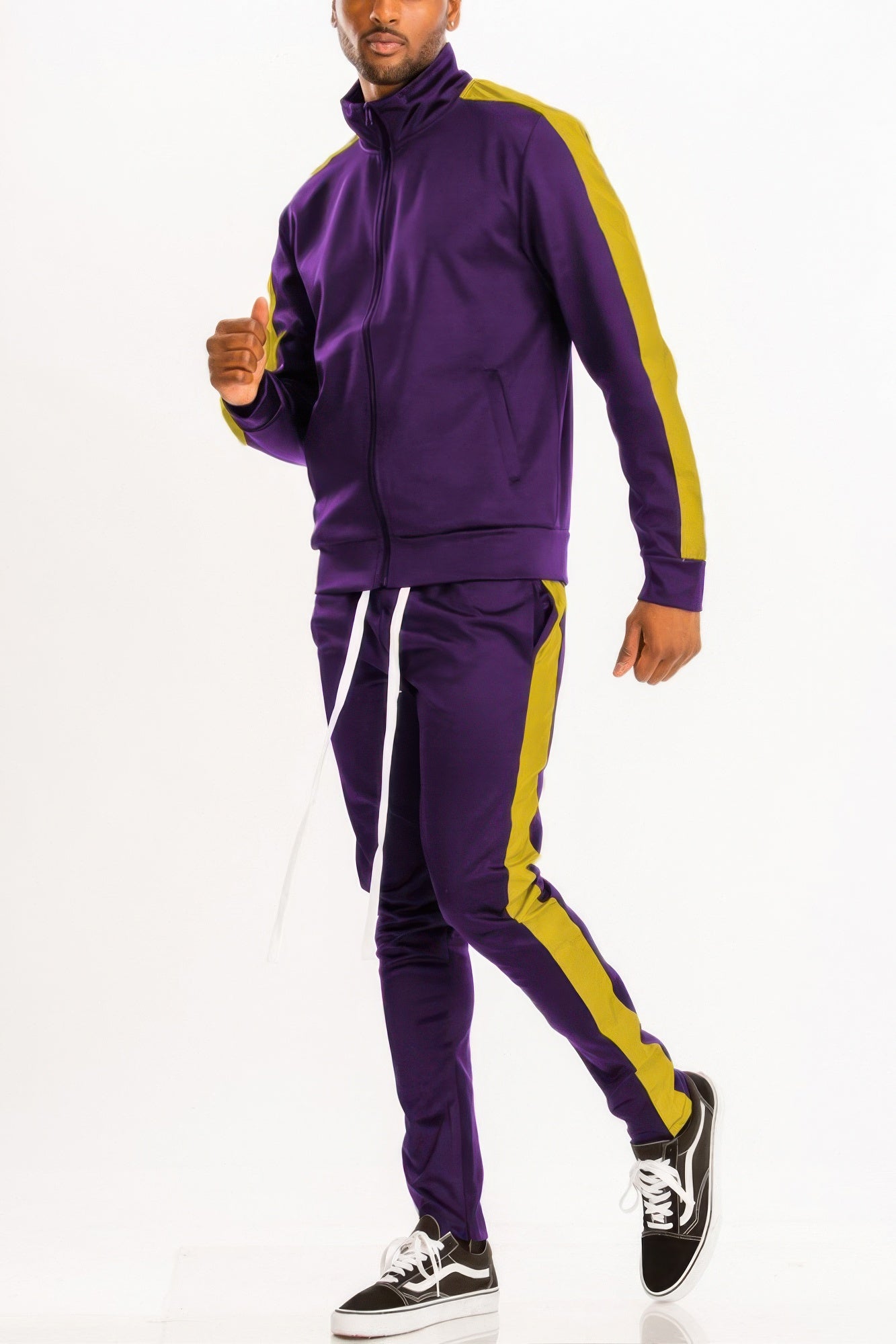 Black and red Golden Heir single stripe track set, includes jacket and pants, sporty athletic wear for men or women.