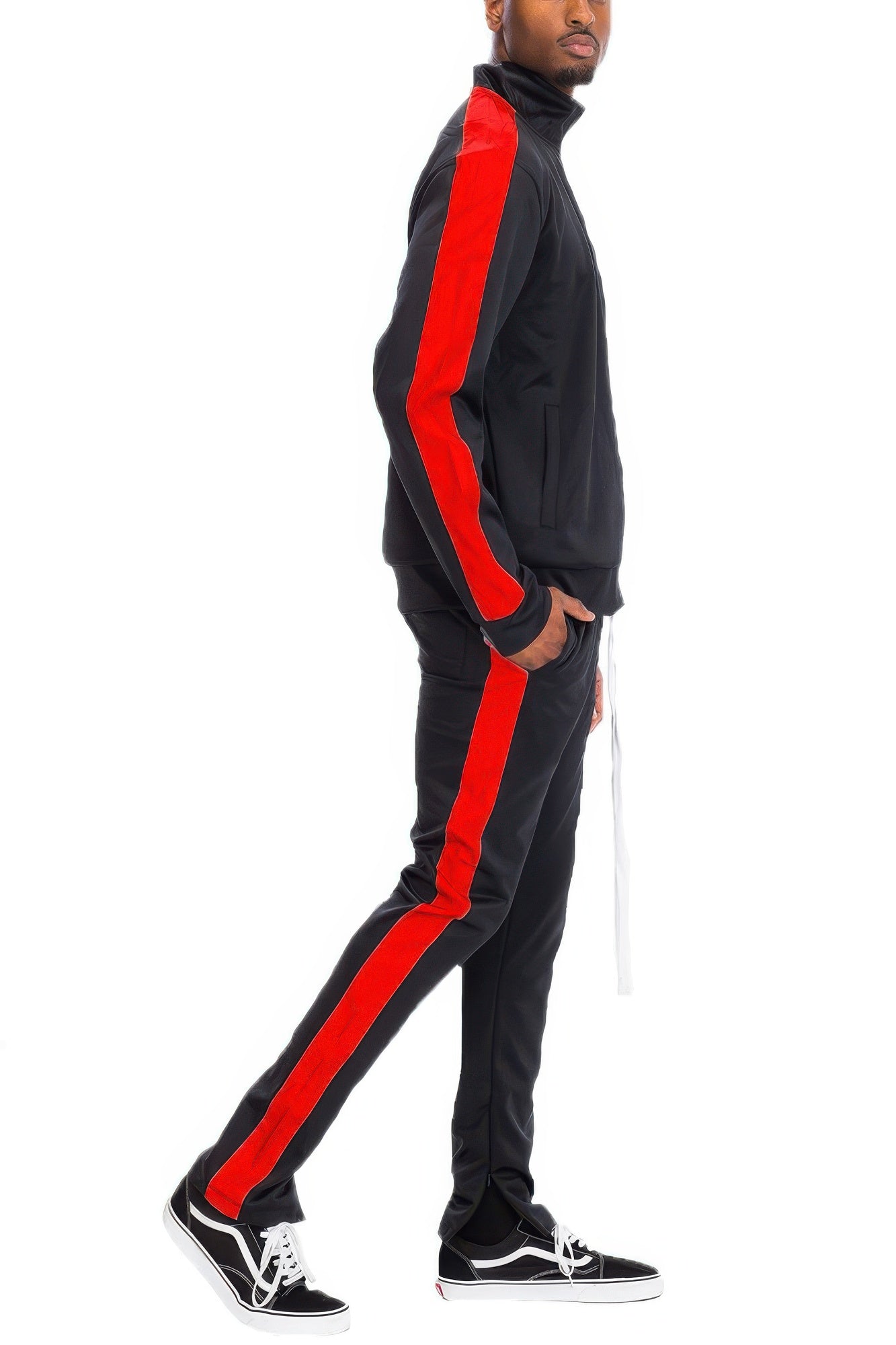 Golden Heir black and red single stripe track set, sporty athletic wear for men with stylish design and comfortable fit.