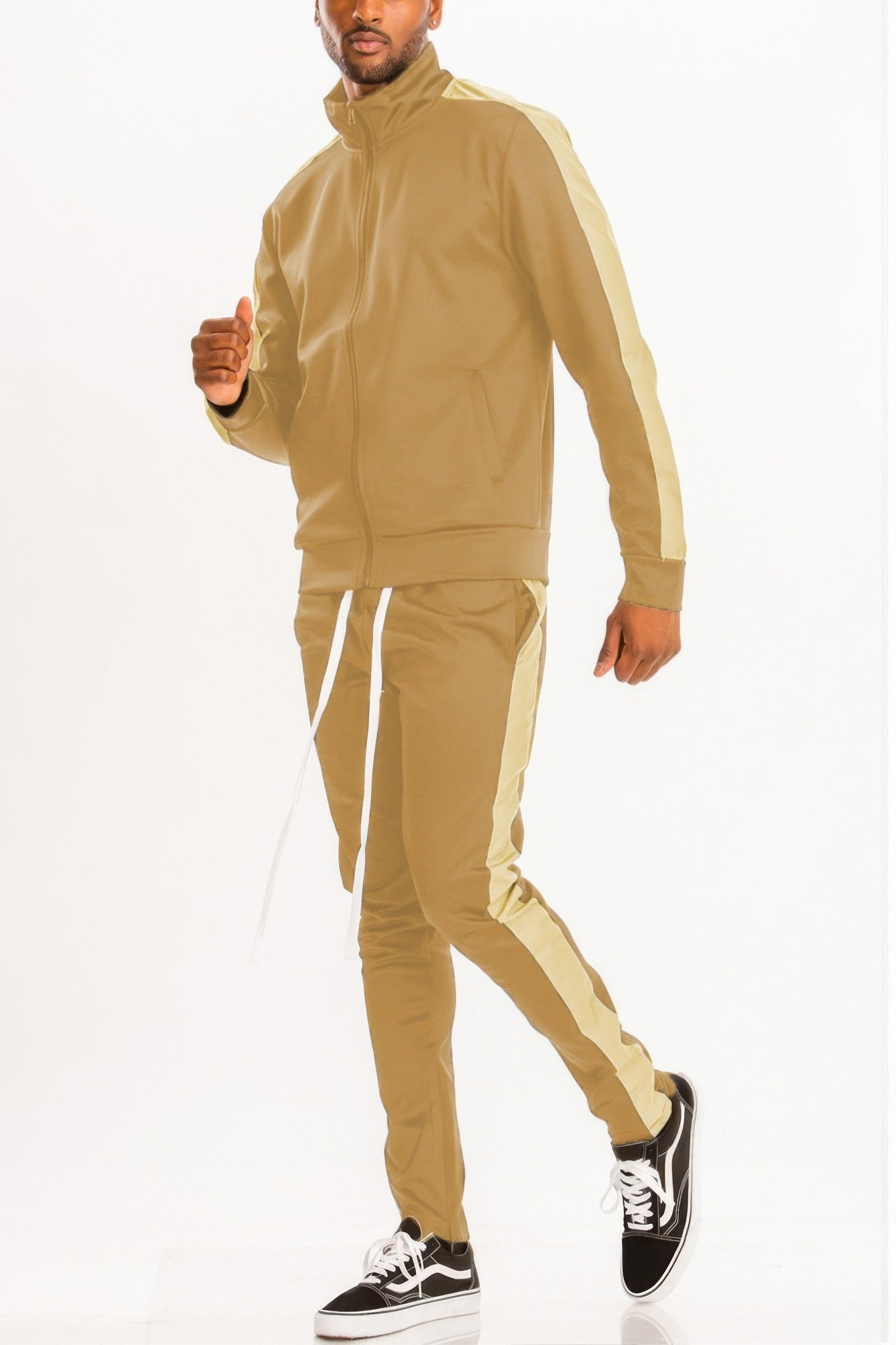 Golden Heir black and red single stripe track set, athletic sportswear with matching jacket and pants, stylish and comfortable.