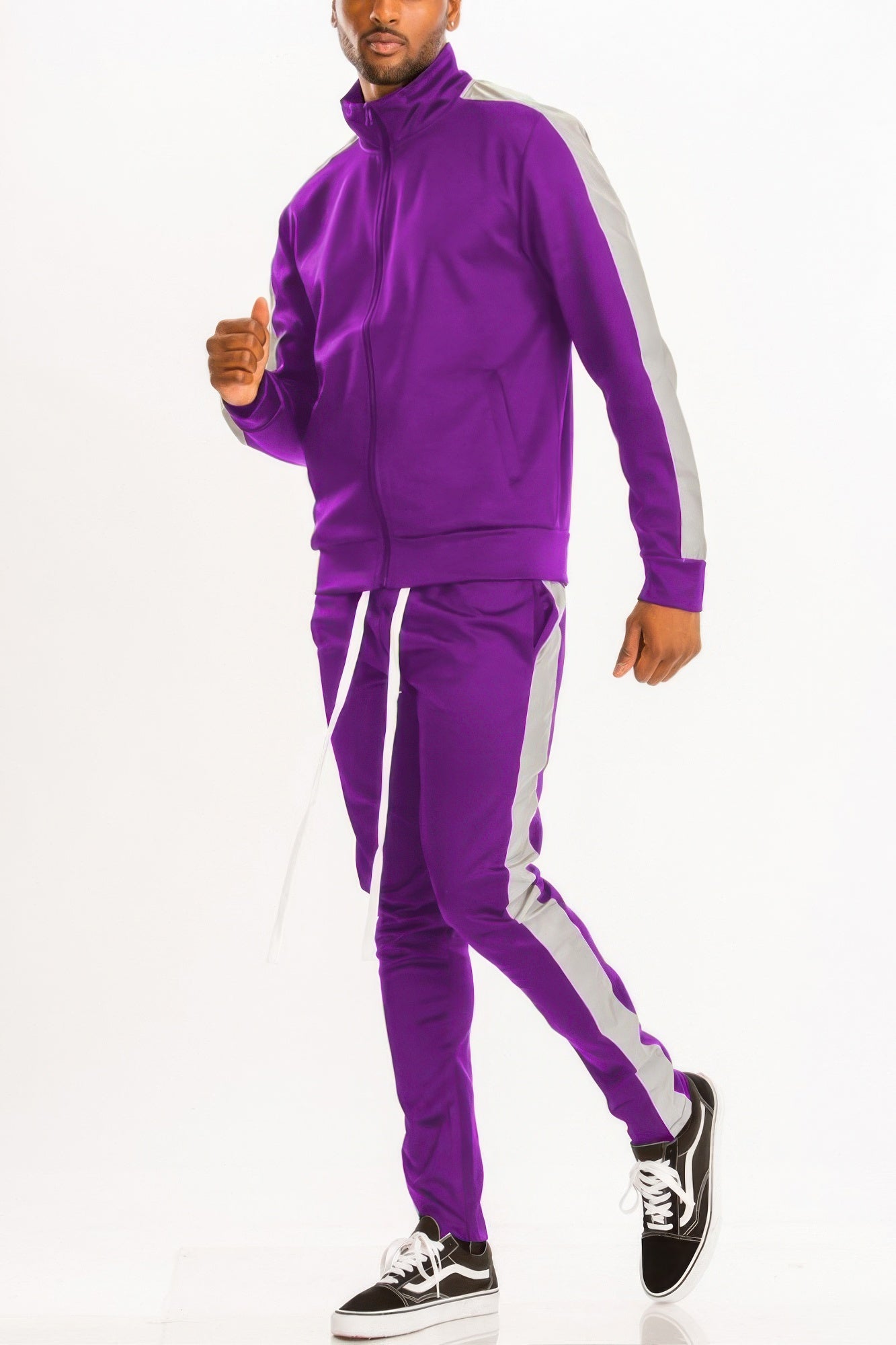 Golden Heir black and red single stripe track set, featuring a comfortable athletic jacket and matching pants for active wear.