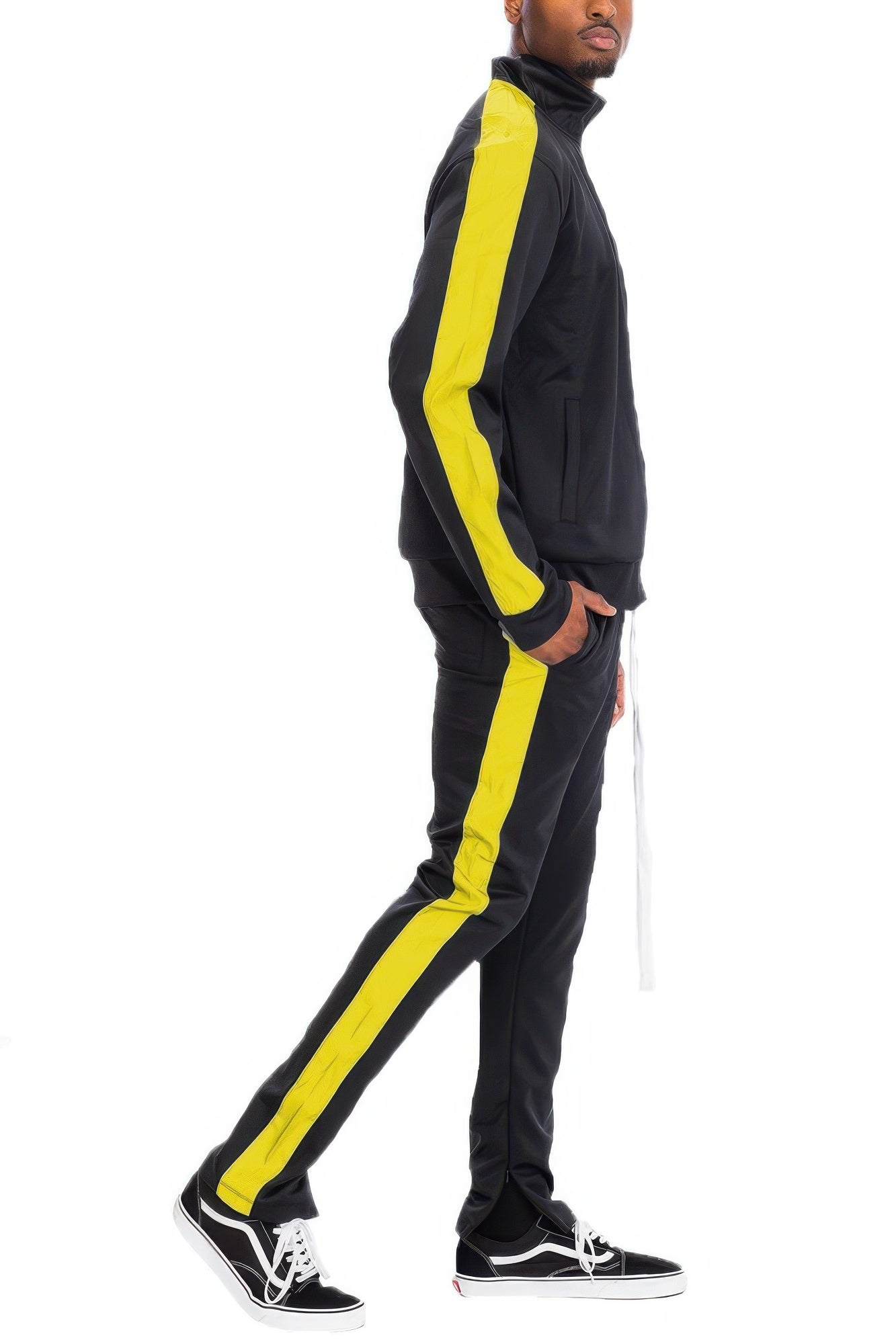 Golden Heir single stripe black and red track set, sporty athletic clothing with logo details, suitable for activewear.