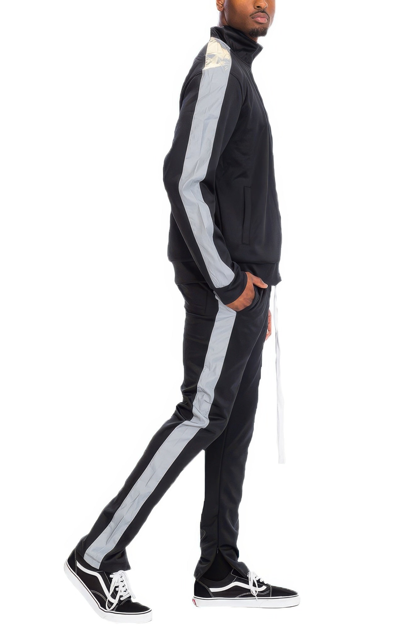 Golden Heir single stripe black and red track set, stylish athletic wear with a modern design.