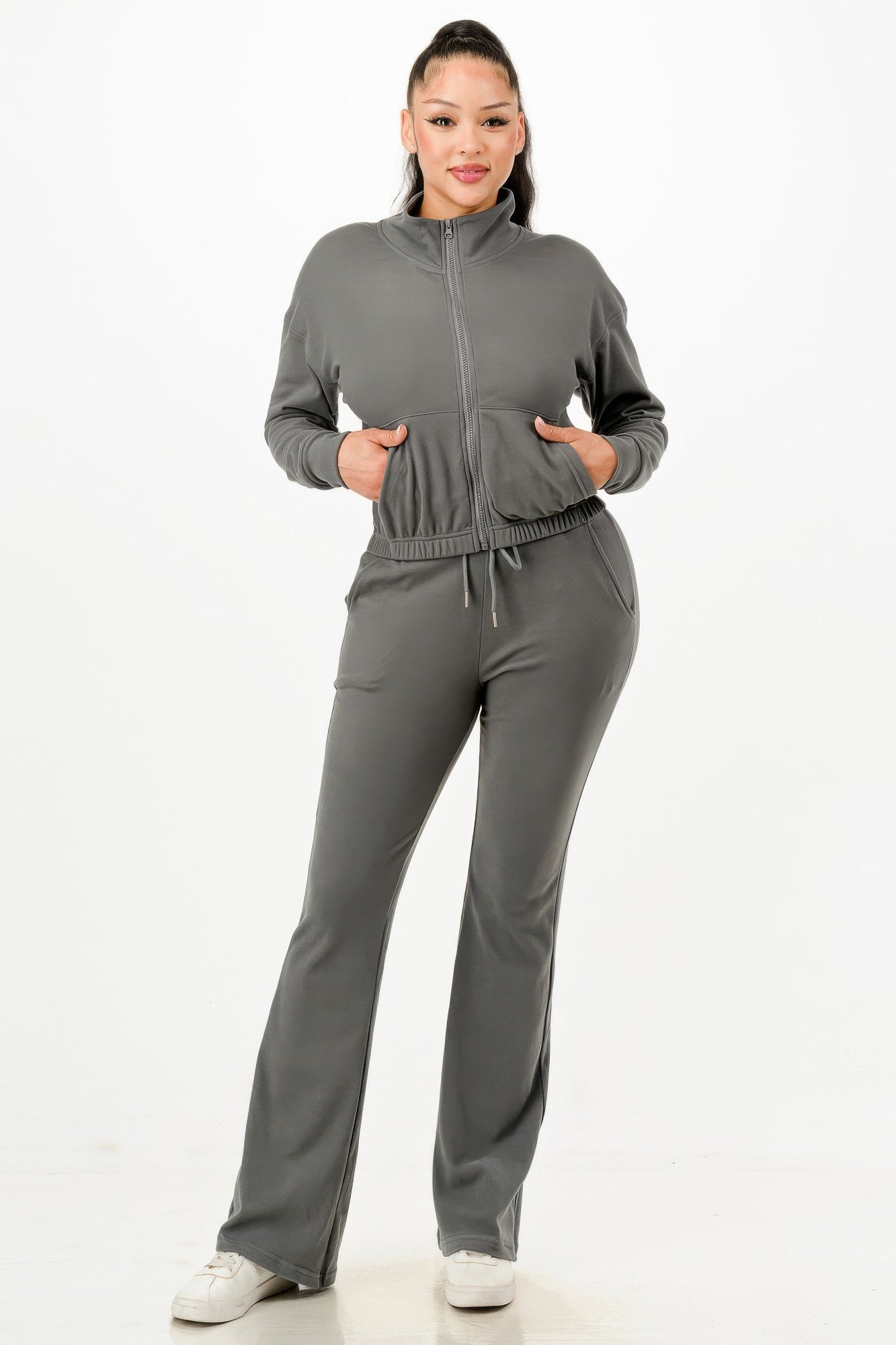 Golden Heir soft zip-up track suit set in gold with comfortable fit, featuring a full zip front and matching pants.