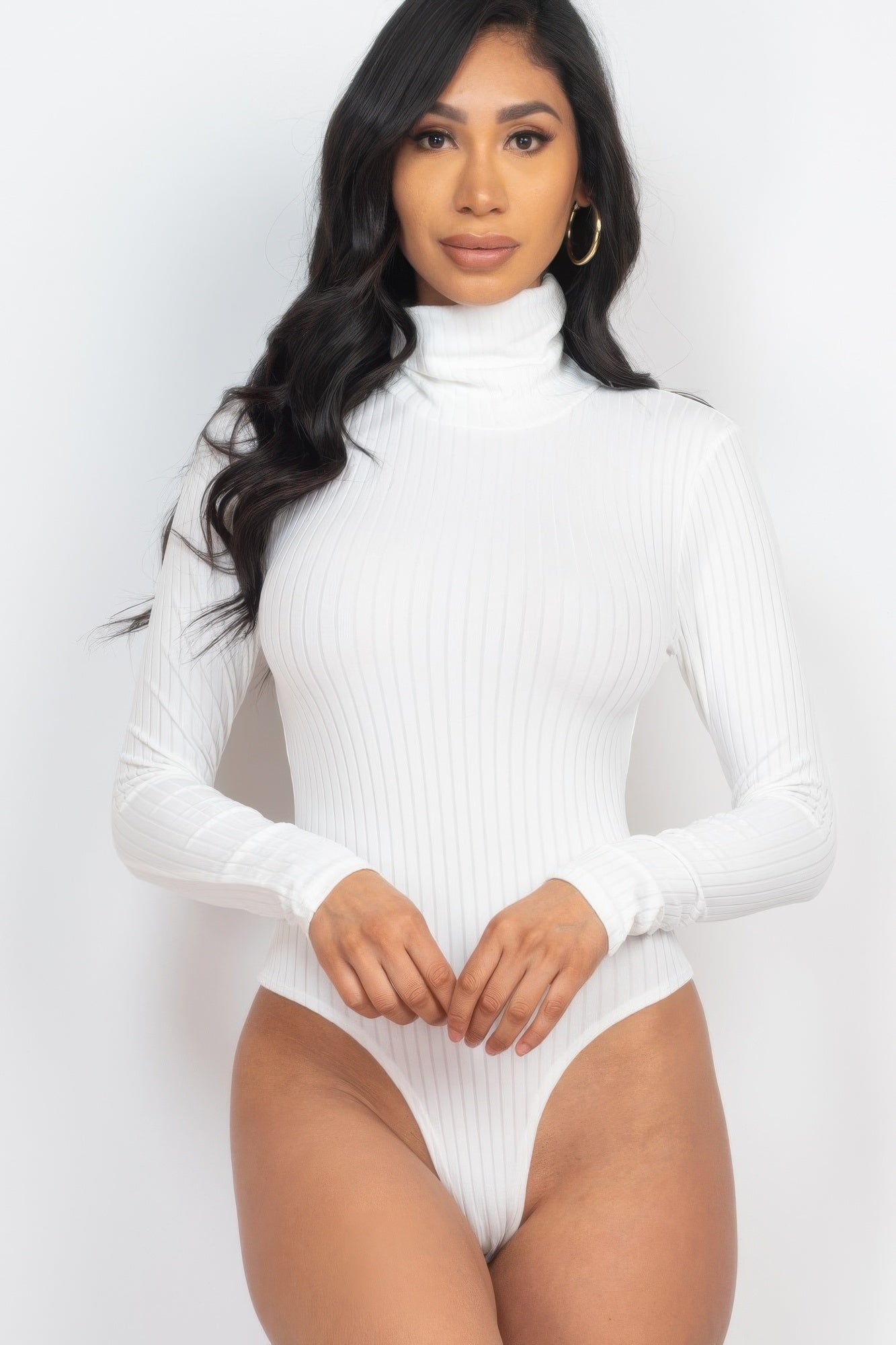 Golden Heir sculpted ribbed black turtleneck bodysuit with long sleeves, fitted design, and a sleek, stylish silhouette.